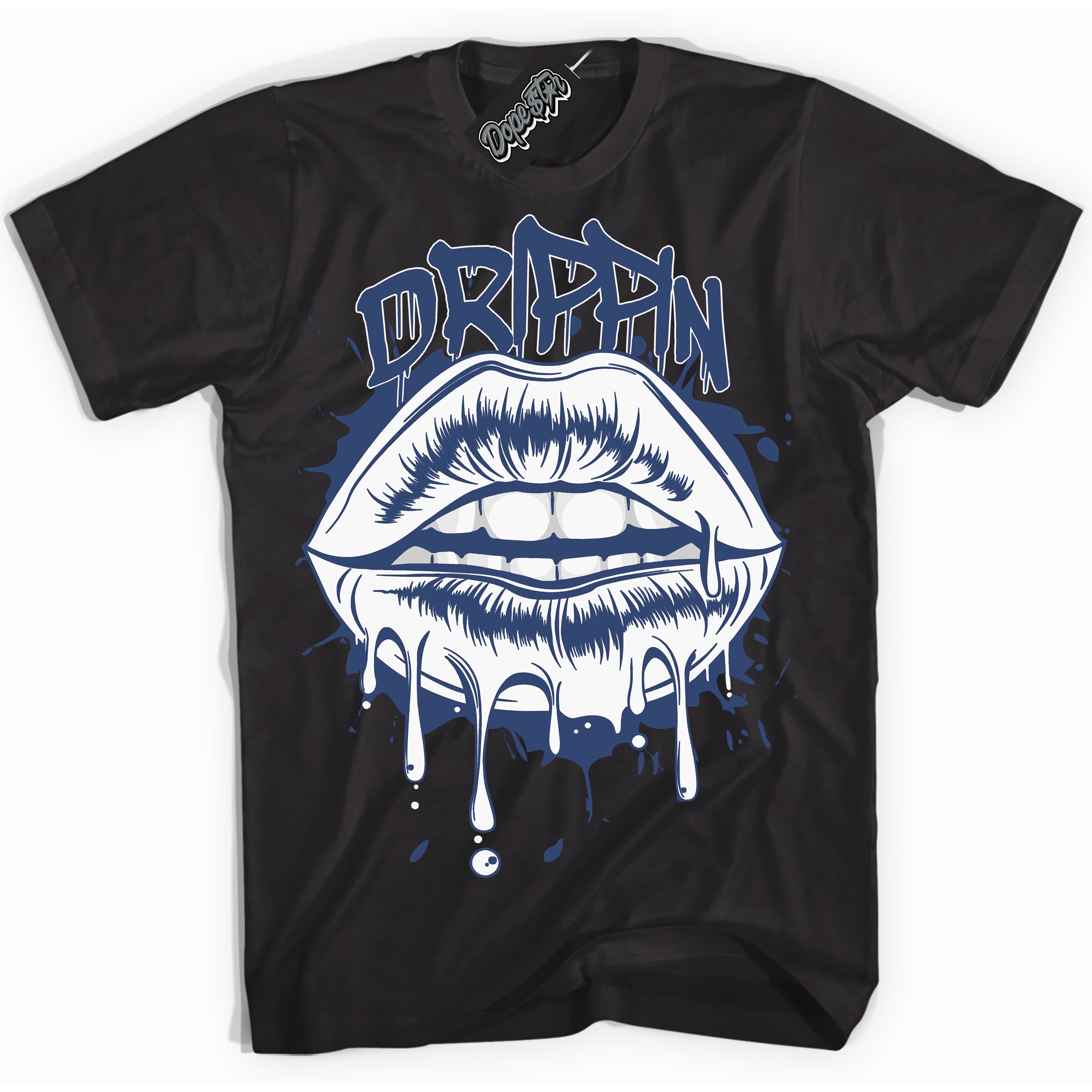 Cool Black Shirt with “ Drippin ” design that perfectly matches Diffused Blue 11s Jordans.