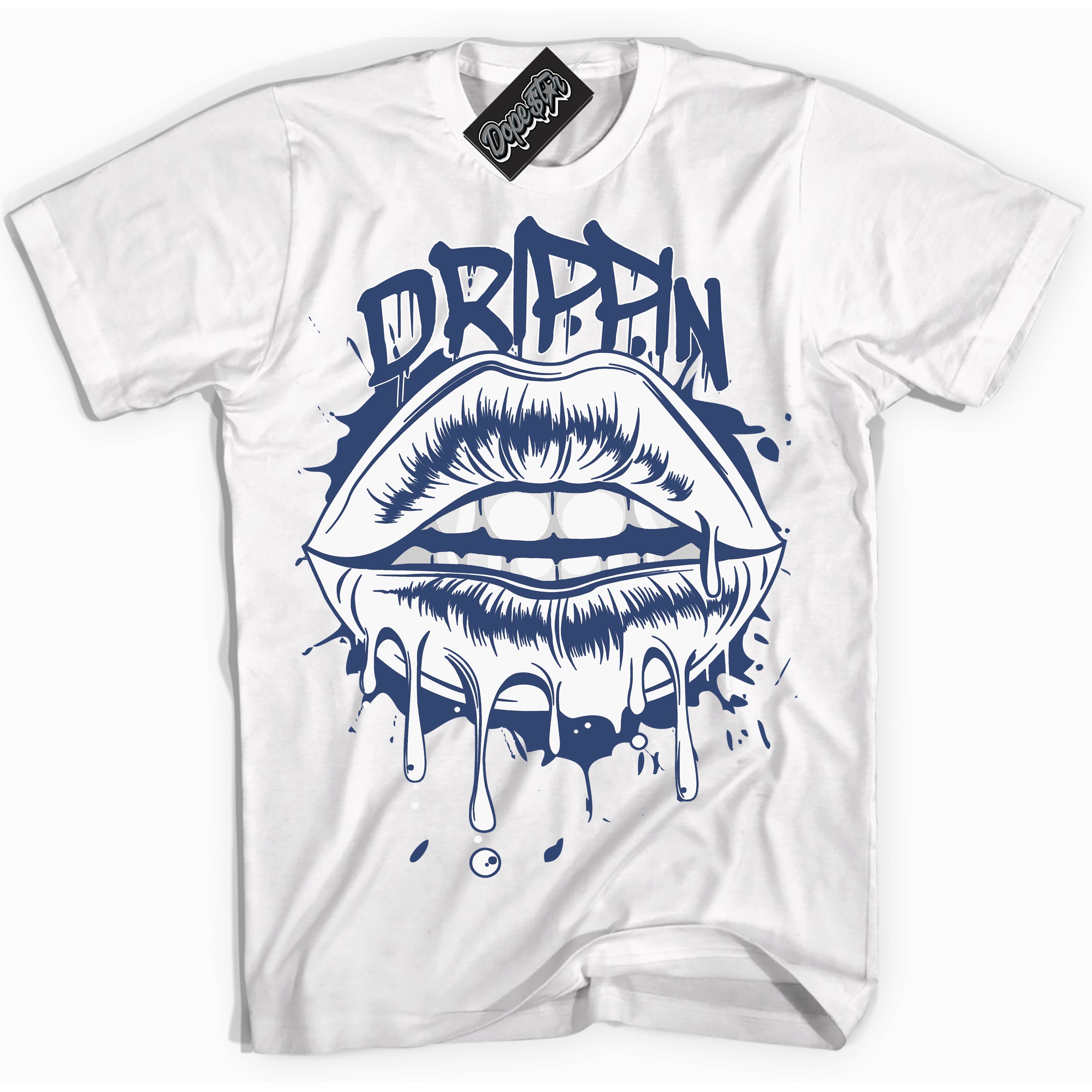 Cool White Shirt with “ Drippin ” design that perfectly matches Diffused Blue 11s Jordans.