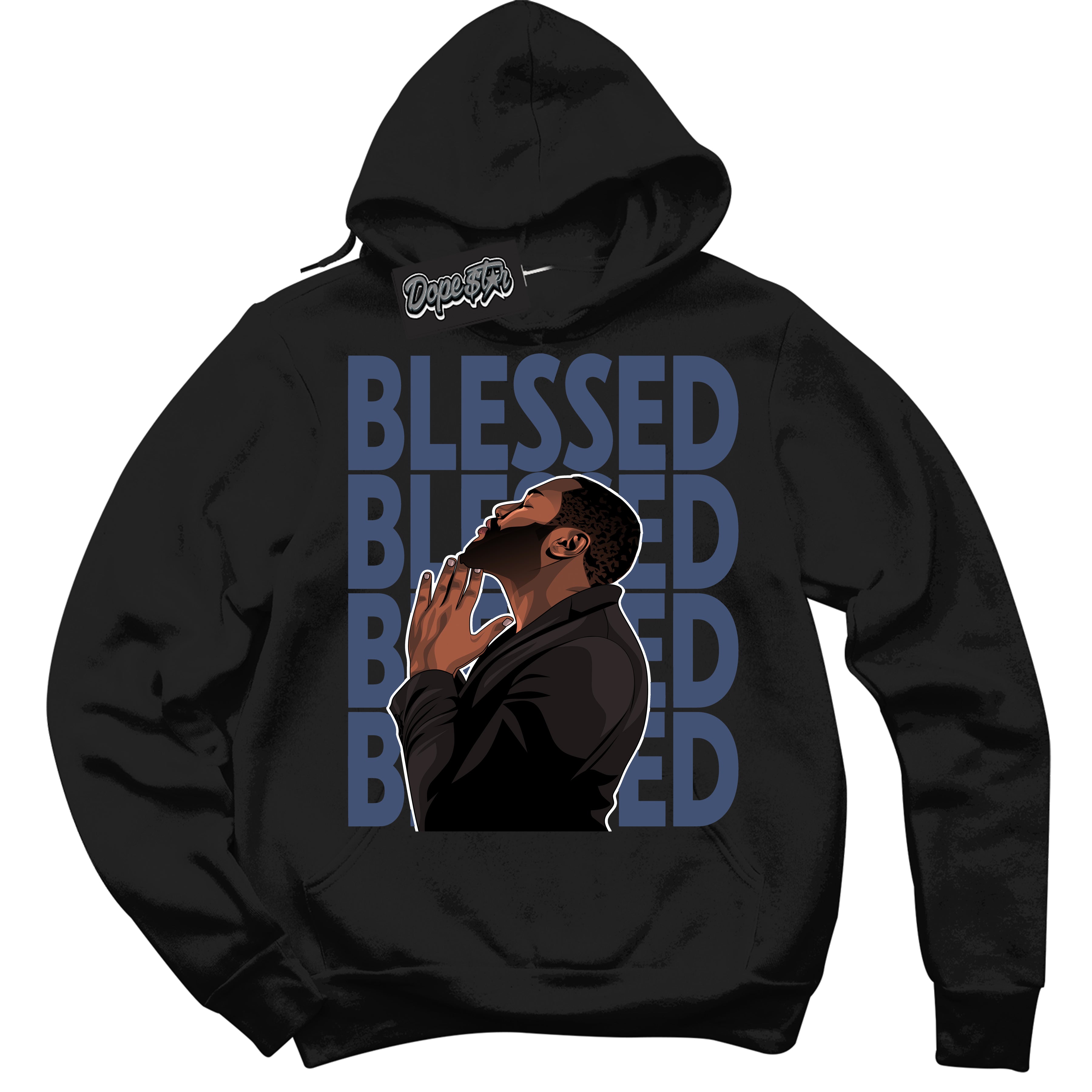 Cool Black Hoodie with “ God Blessed ” design that Perfectly Matches Diffused Blue 11s Jordans.