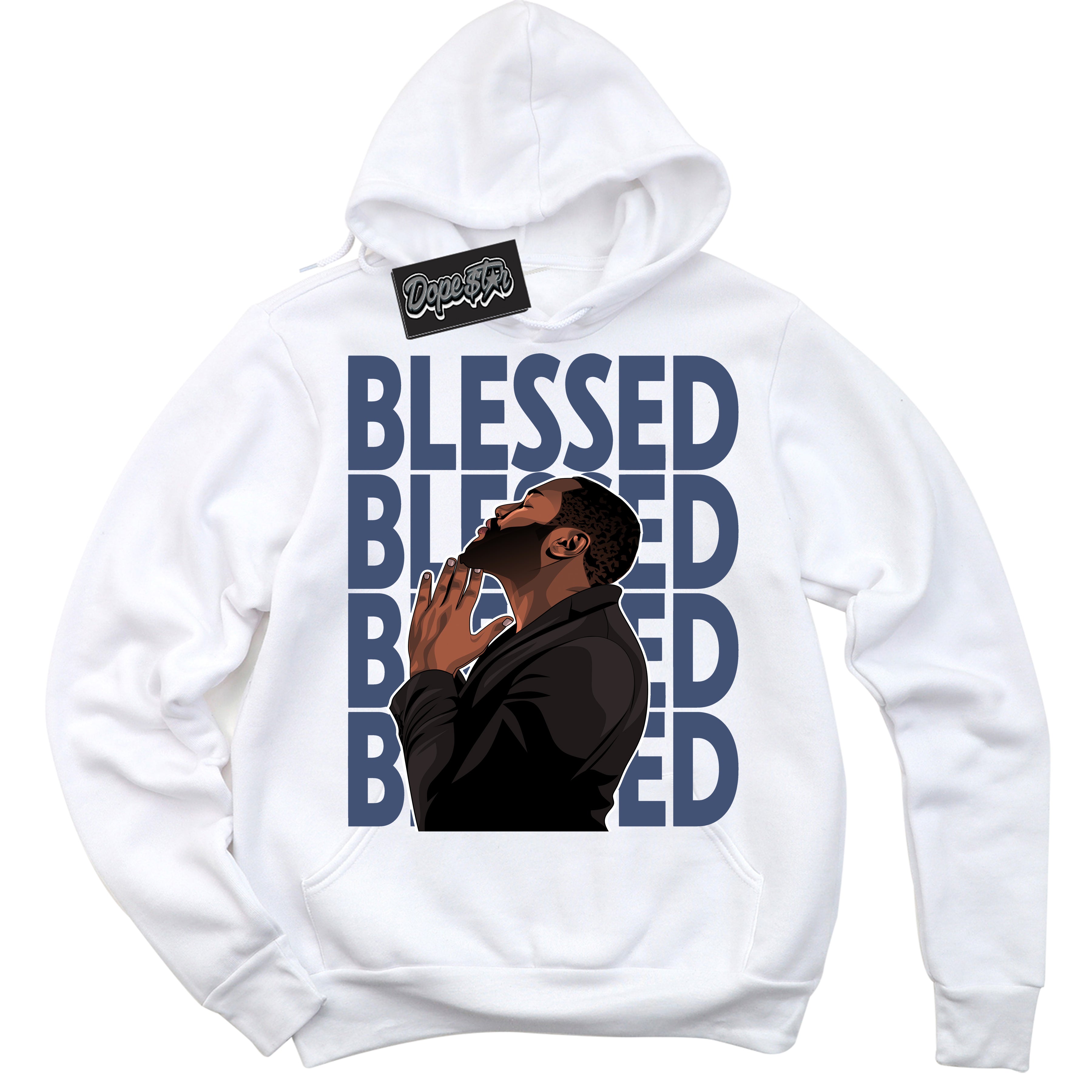 Cool White Hoodie with “ God Blessed ” design that Perfectly Matches Diffused Blue 11s Jordans.