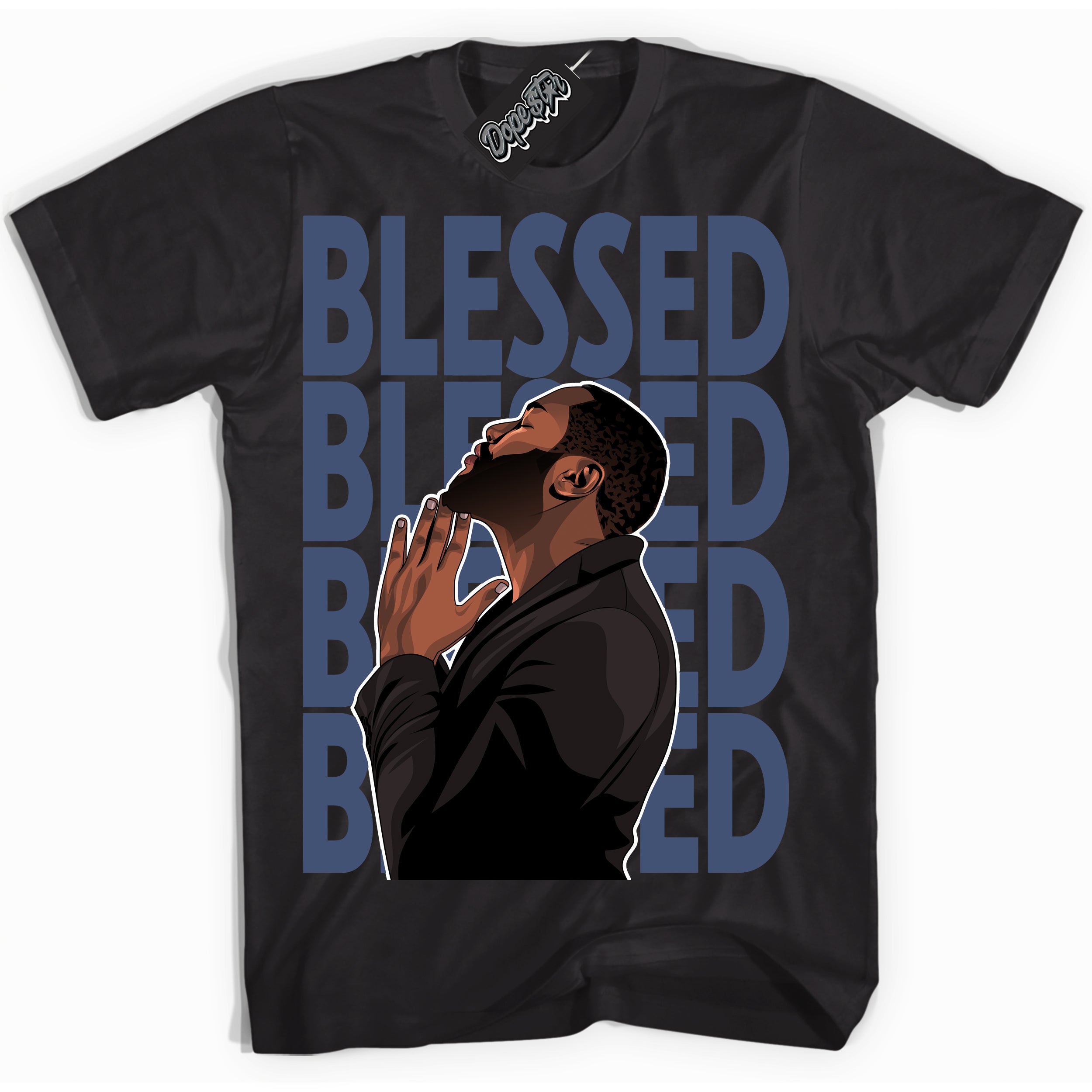 Cool Black Shirt with “ God Blessed ” design that perfectly matches Diffused Blue 11s Jordans.