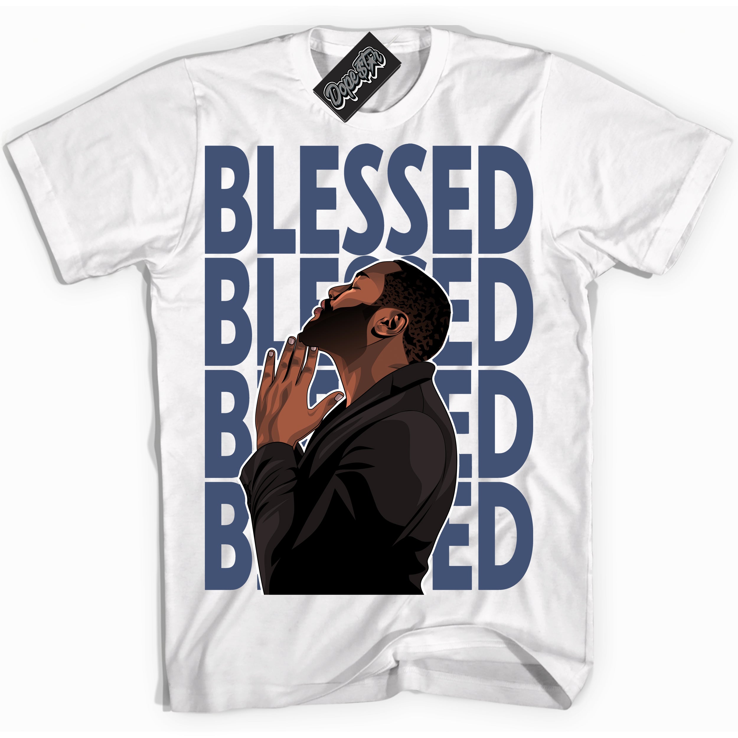 Cool White Shirt with “ God Blessed ” design that perfectly matches Diffused Blue 11s Jordans.