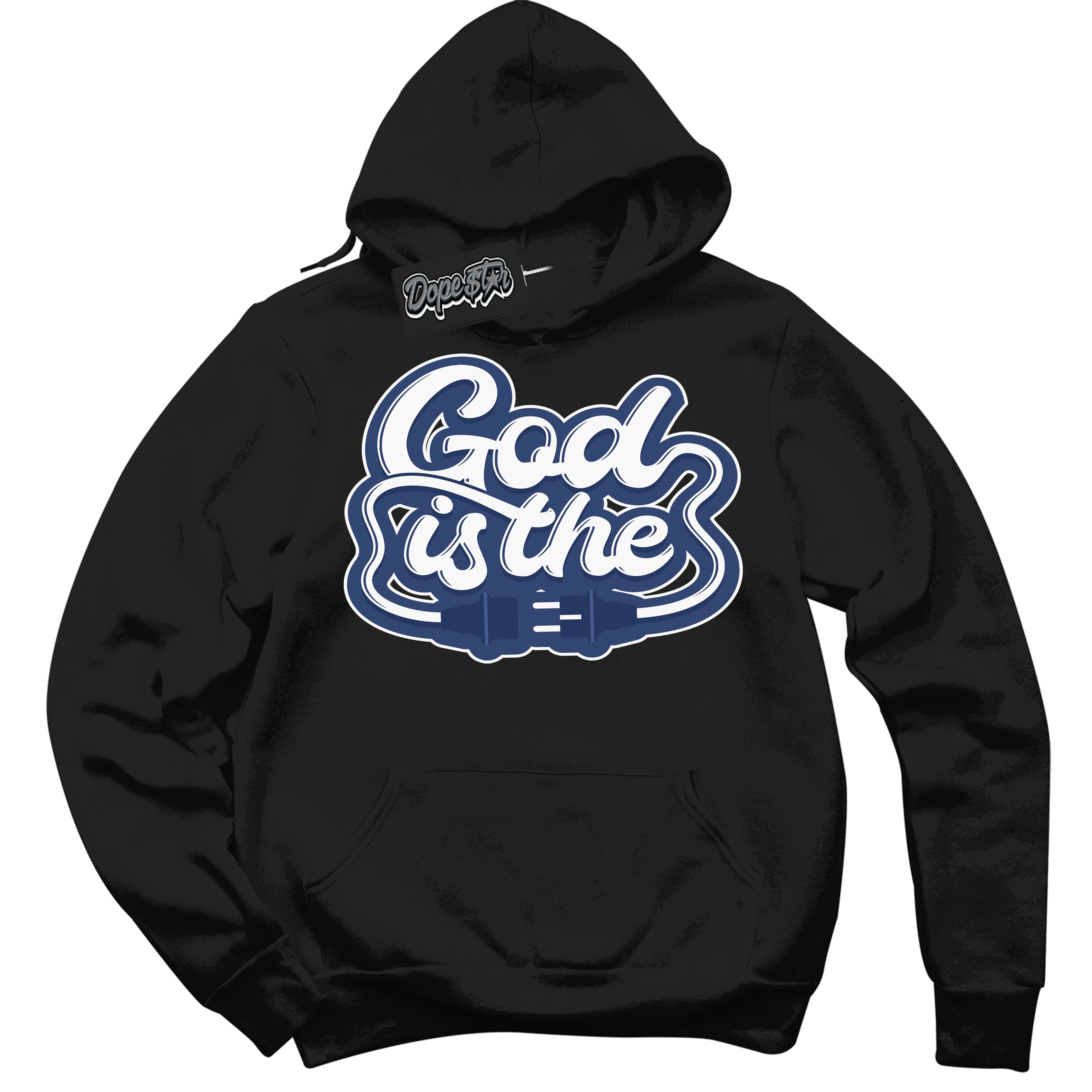 Cool Black Hoodie with “ God Is The ” design that Perfectly Matches Diffused Blue 11s Jordans.