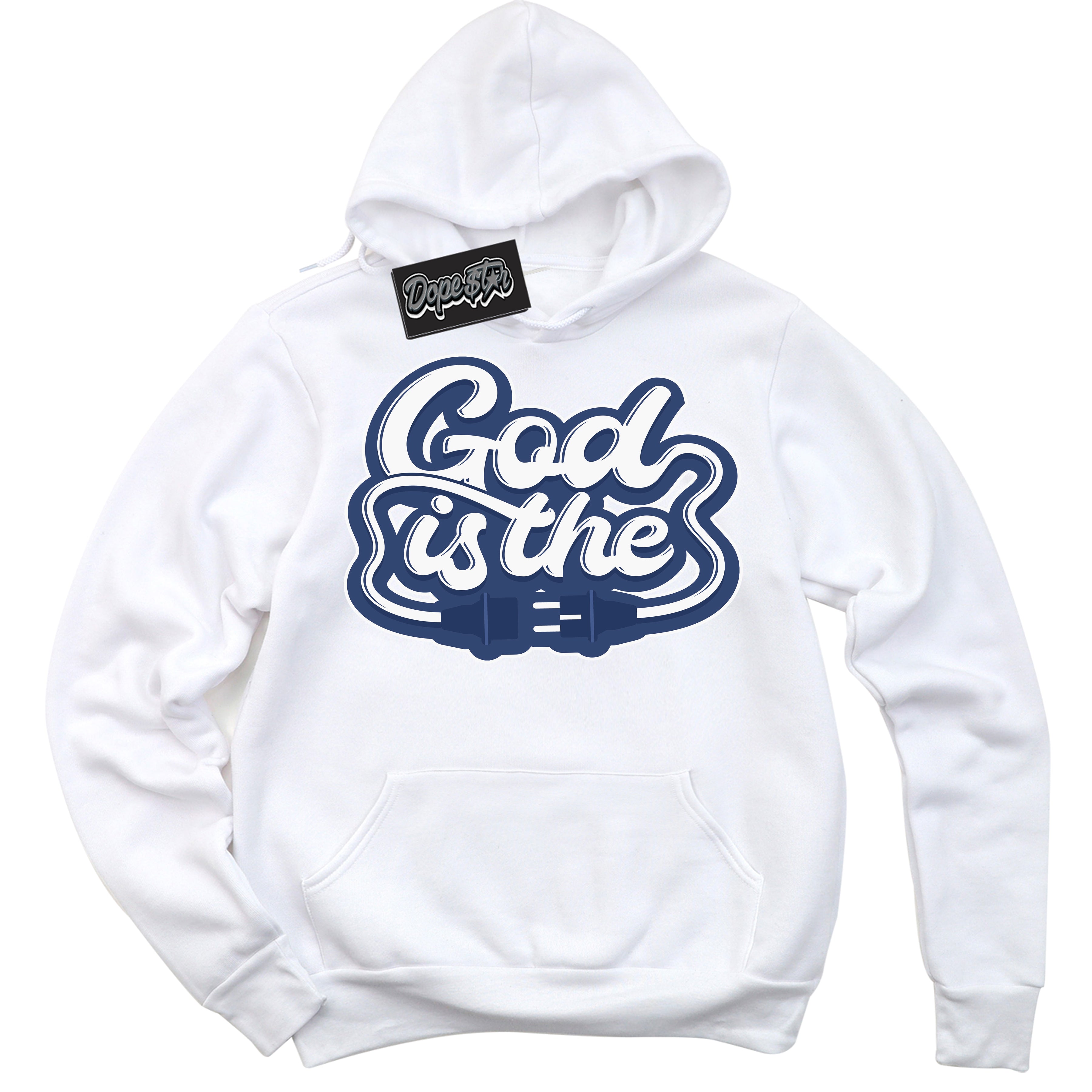 Cool White Hoodie with “ God Is The ” design that Perfectly Matches Diffused Blue 11s Jordans.