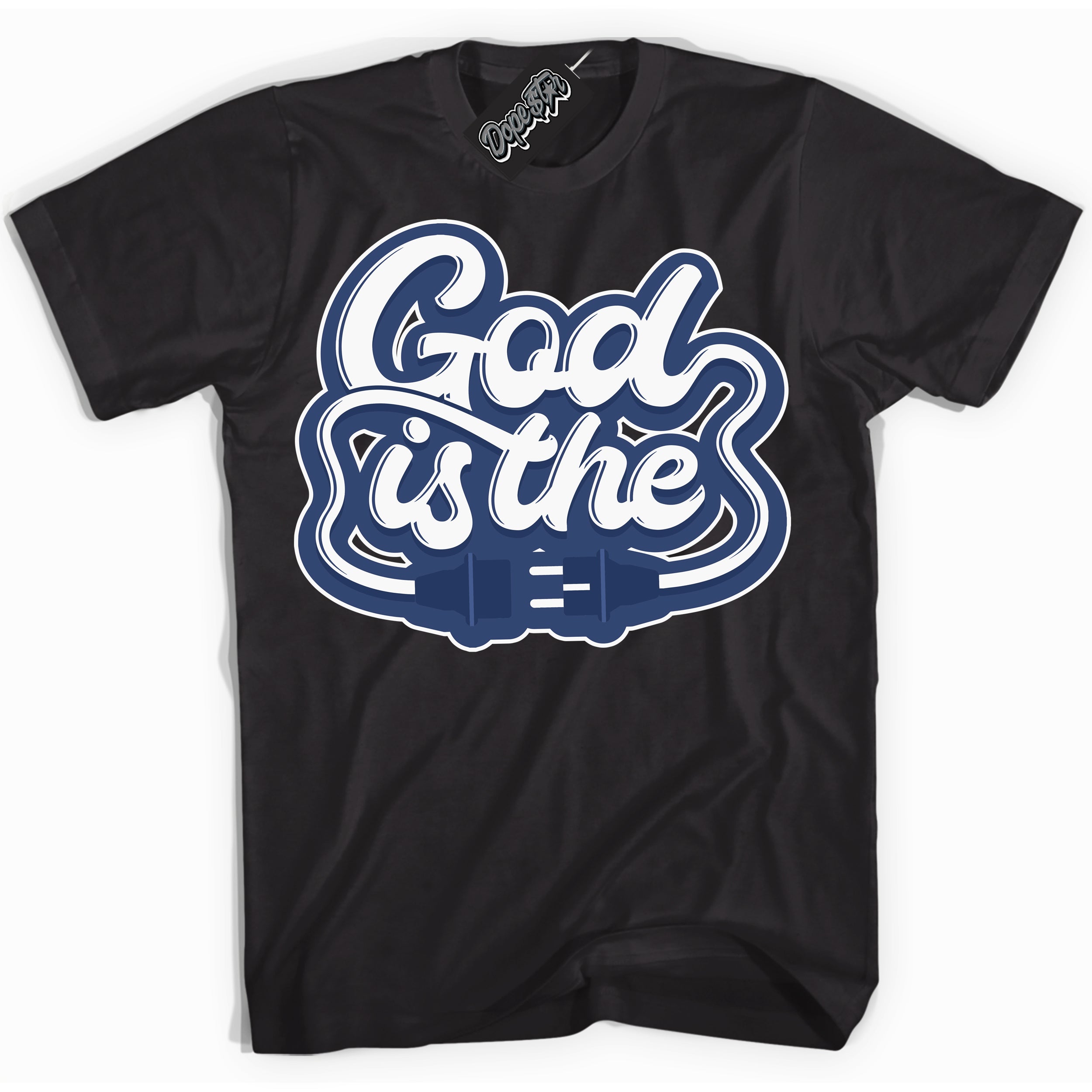 Cool Black Shirt with “ God Is The ” design that perfectly matches Diffused Blue 11s Jordans.