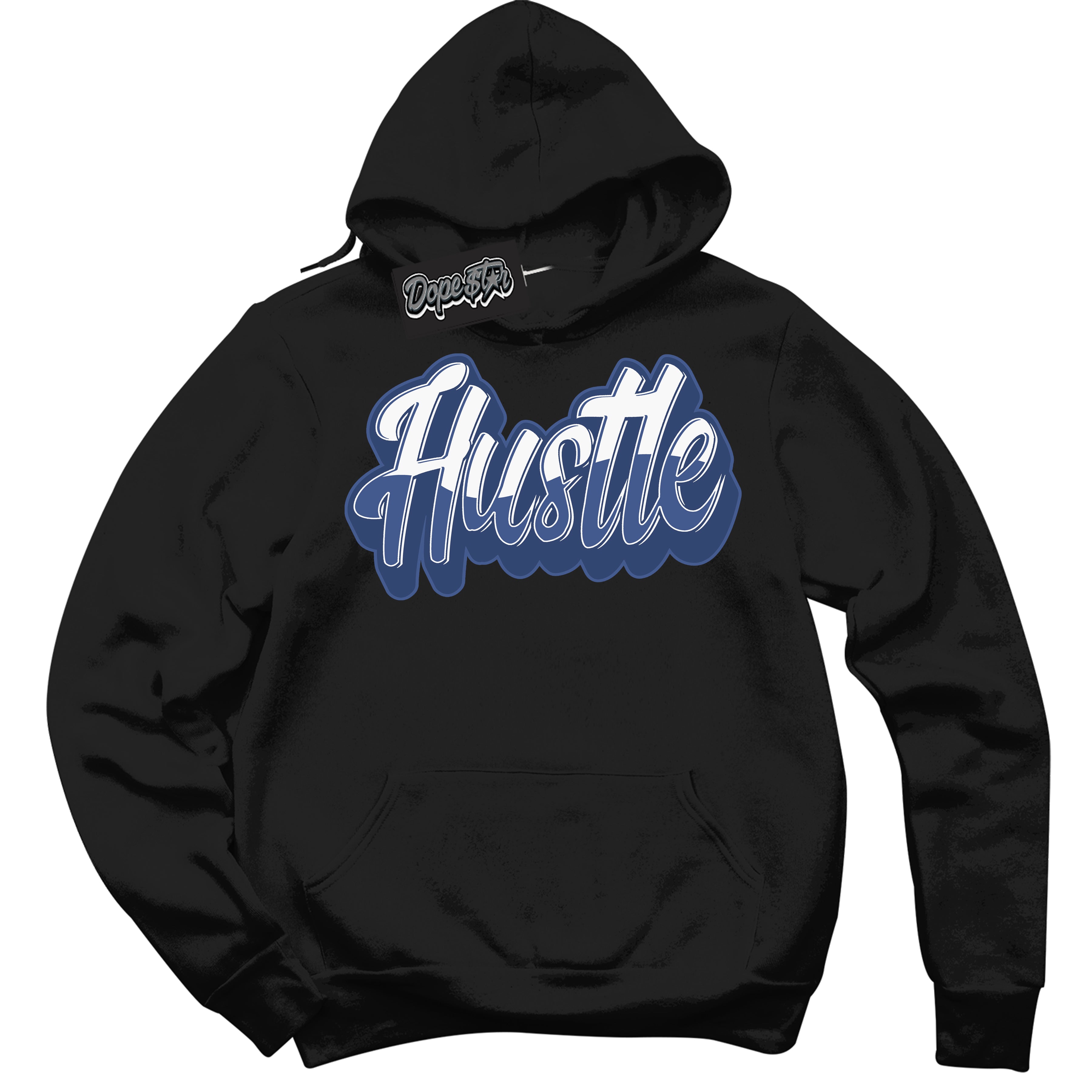 Cool Black Hoodie with “Hustle” design that Perfectly Matches Diffused Blue 11s Jordans.