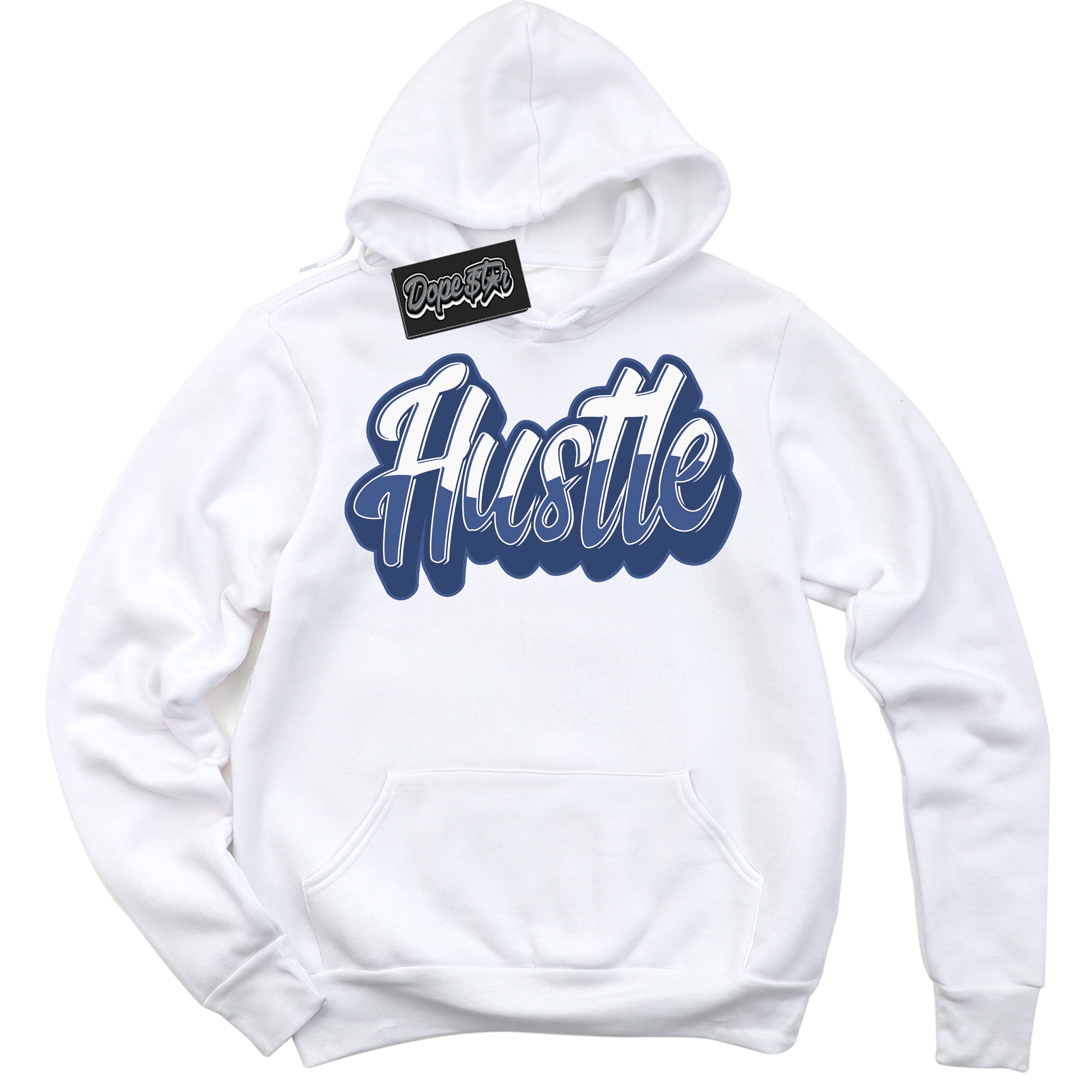 Cool White Hoodie with “Hustle” design that Perfectly Matches Diffused Blue 11s Jordans.