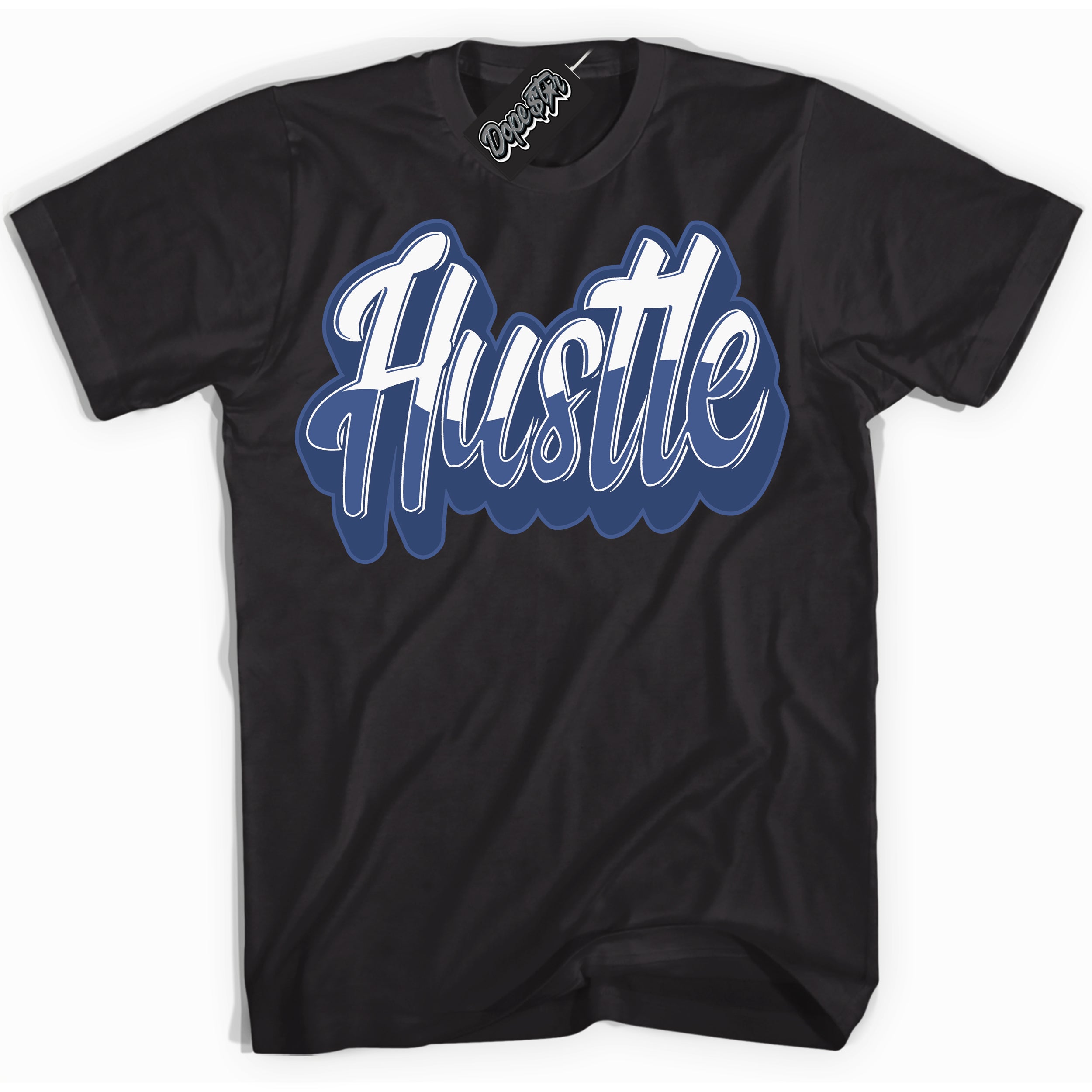 Cool Black Shirt with “Hustle” design that perfectly matches Diffused Blue 11s Jordans.