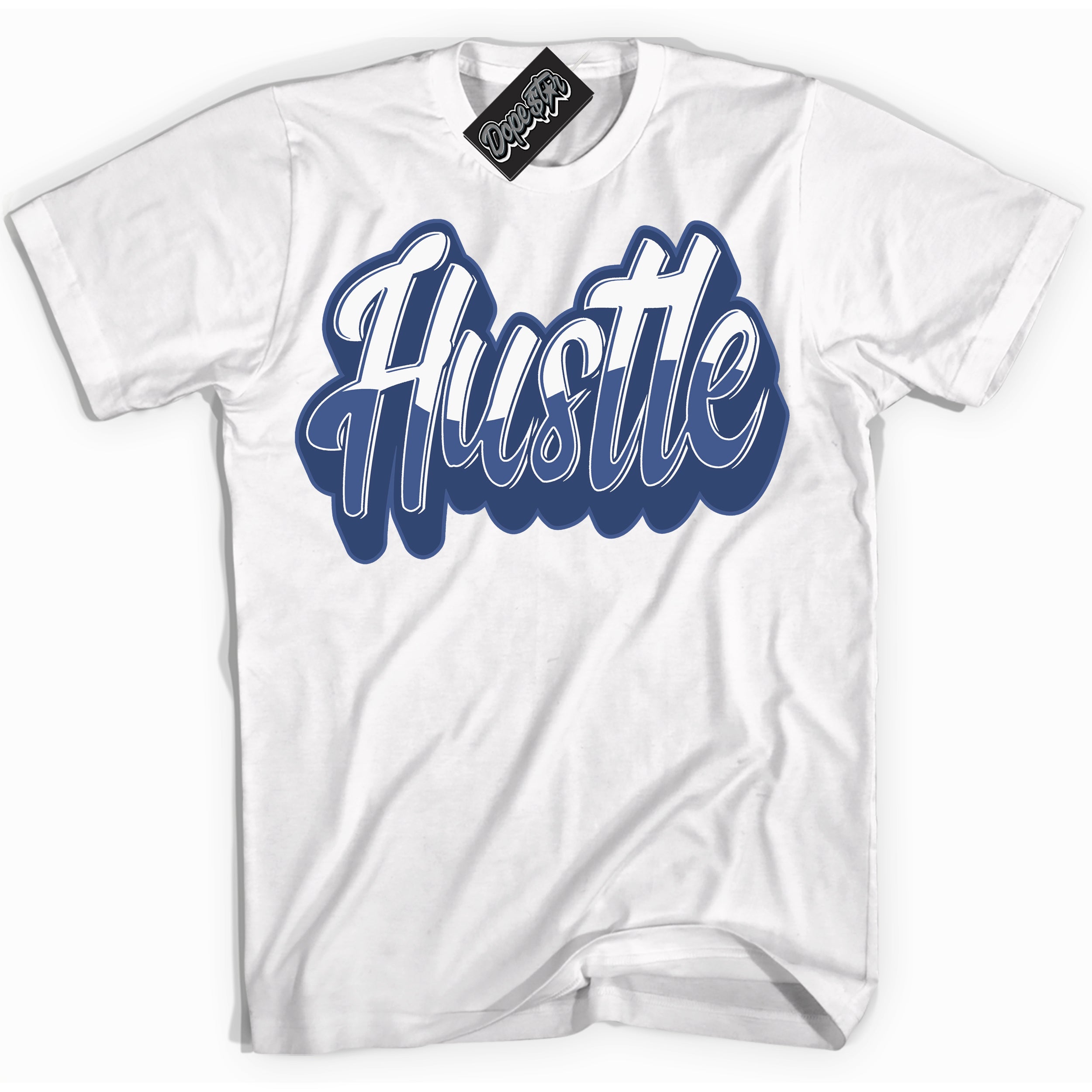 Cool White Shirt with “Hustle” design that perfectly matches Diffused Blue 11s Jordans.