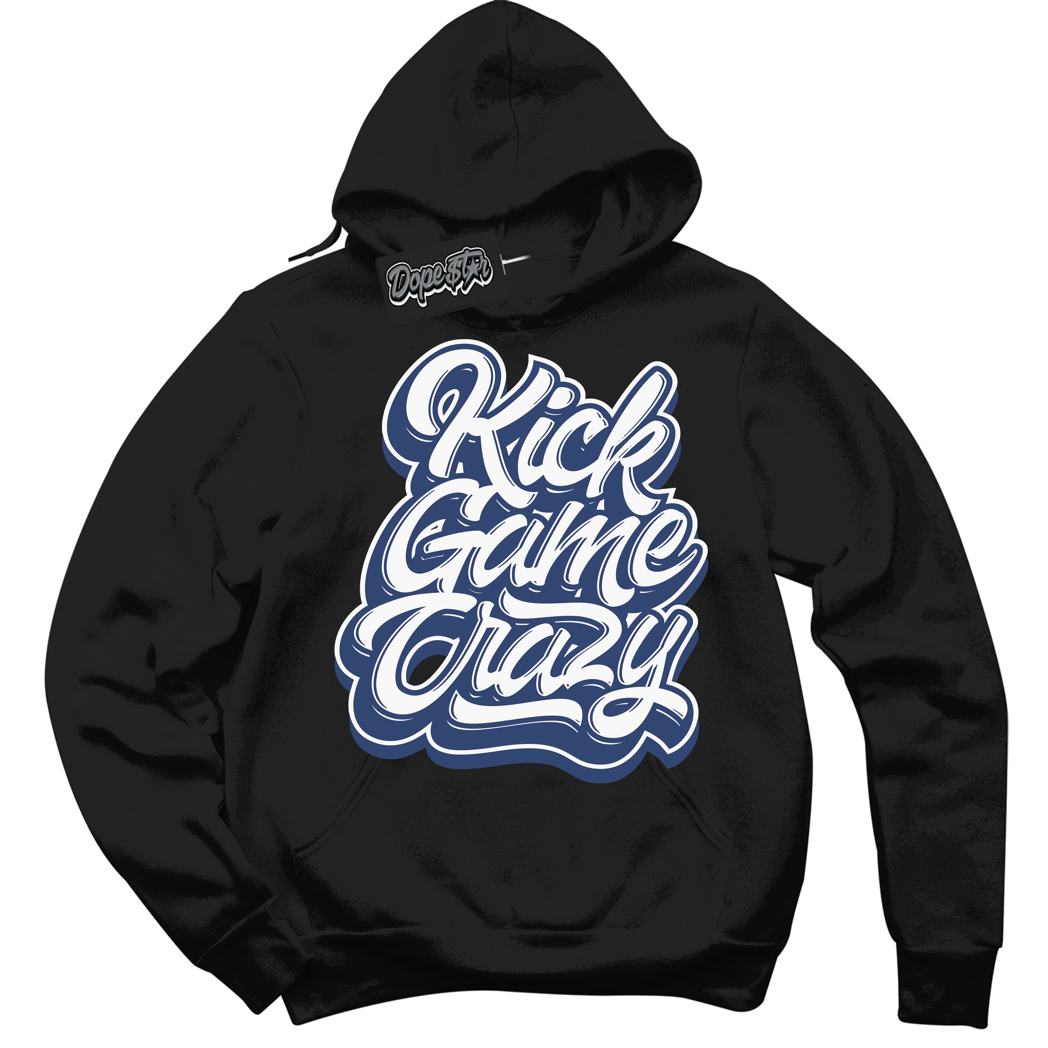 Cool Black Hoodie with “ Kick Game Crazy ” design that Perfectly Matches Diffused Blue 11s Jordans.