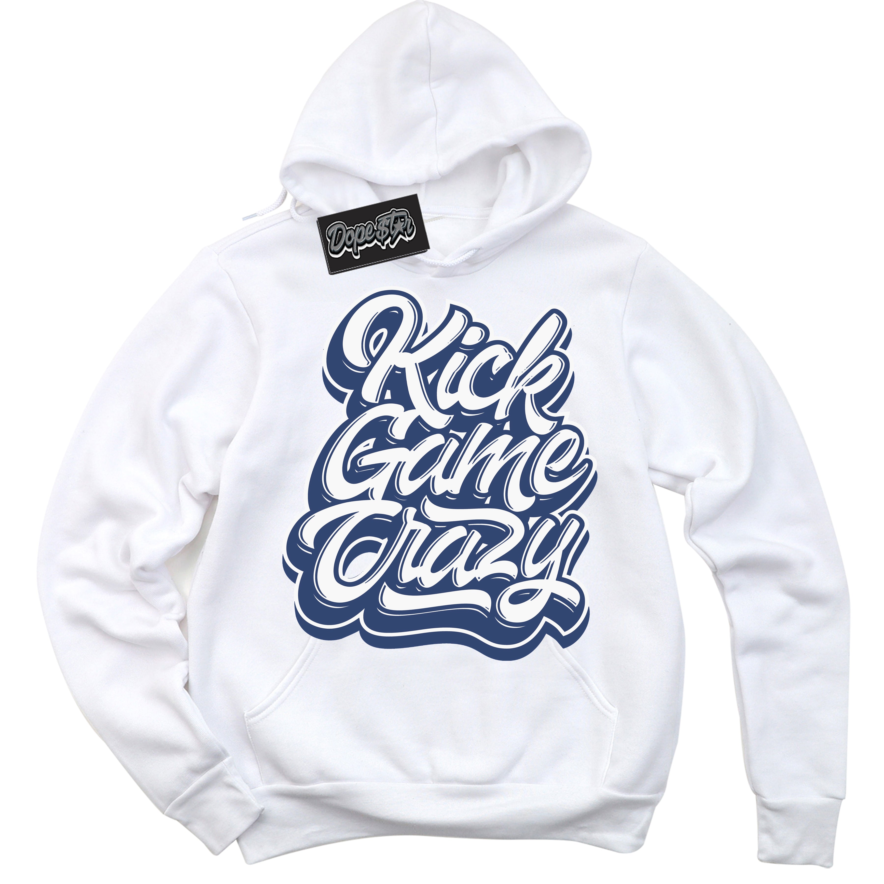 Cool White Hoodie with “ Kick Game Crazy ” design that Perfectly Matches Diffused Blue 11s Jordans.