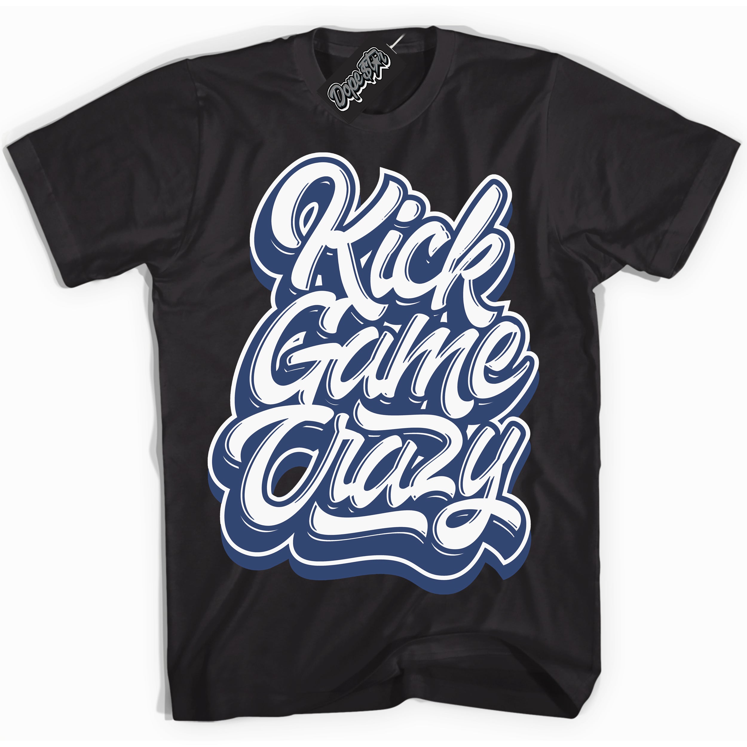 Cool Black Shirt with “ Kick Game Crazy ” design that perfectly matches Diffused Blue 11s Jordans.