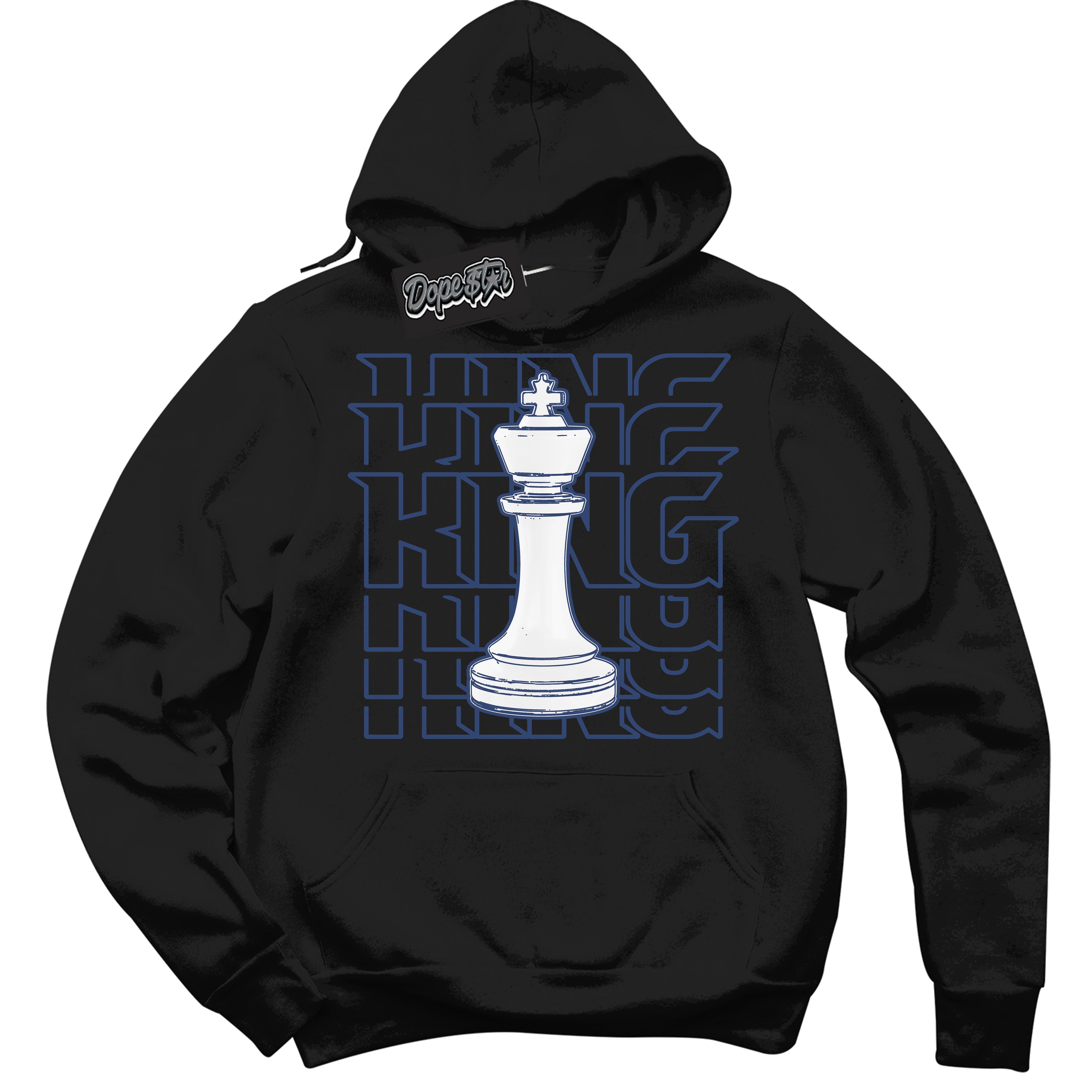 Cool Black Hoodie with “King Chess” design that Perfectly Matches Diffused Blue 11s Jordans.