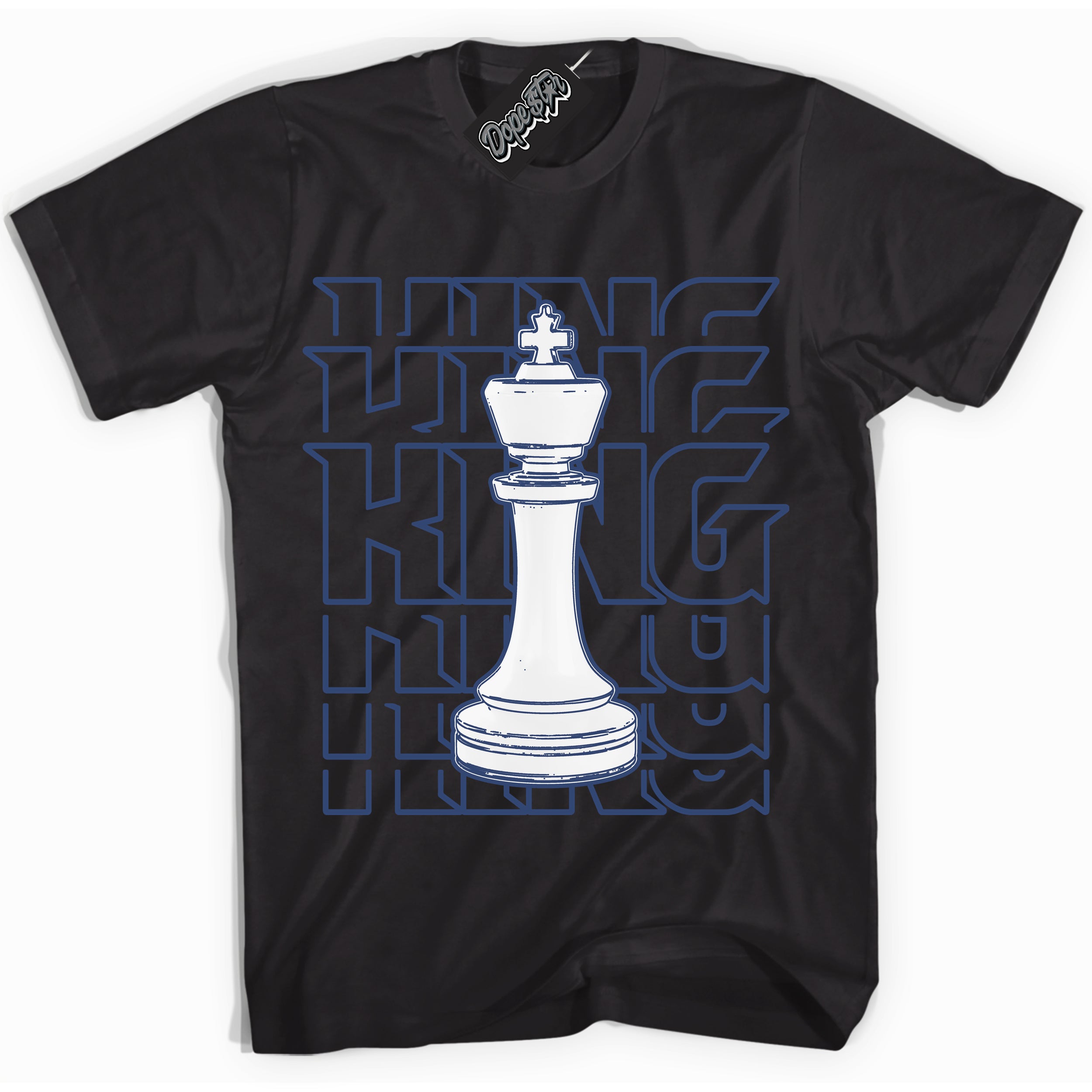 Cool Black Shirt with “King Chess” design that perfectly matches Diffused Blue 11s Jordans.