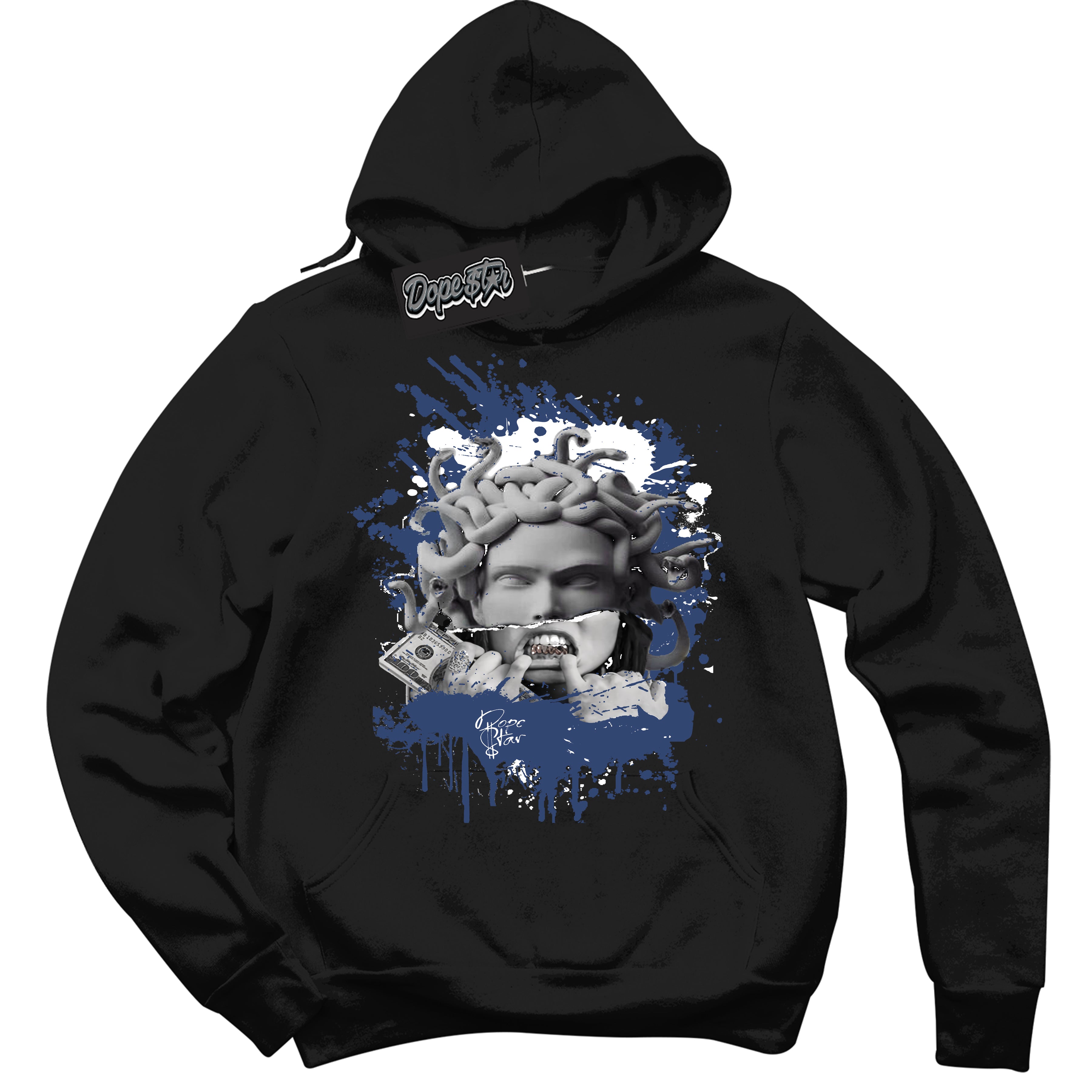 Cool Black Hoodie with “Medusa” design that Perfectly Matches Diffused Blue 11s Jordans.