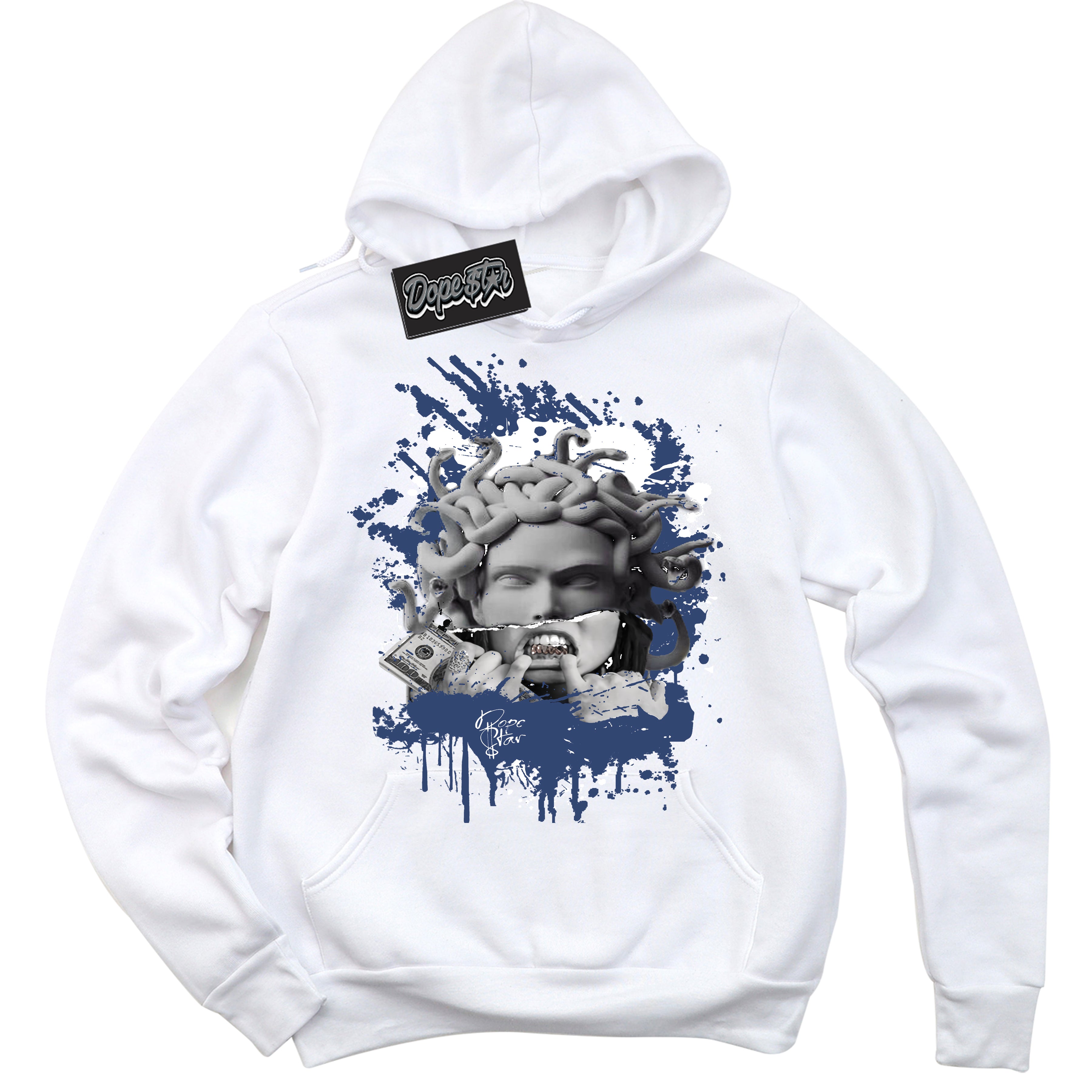 Cool White Hoodie with “Medusa” design that Perfectly Matches Diffused Blue 11s Jordans.