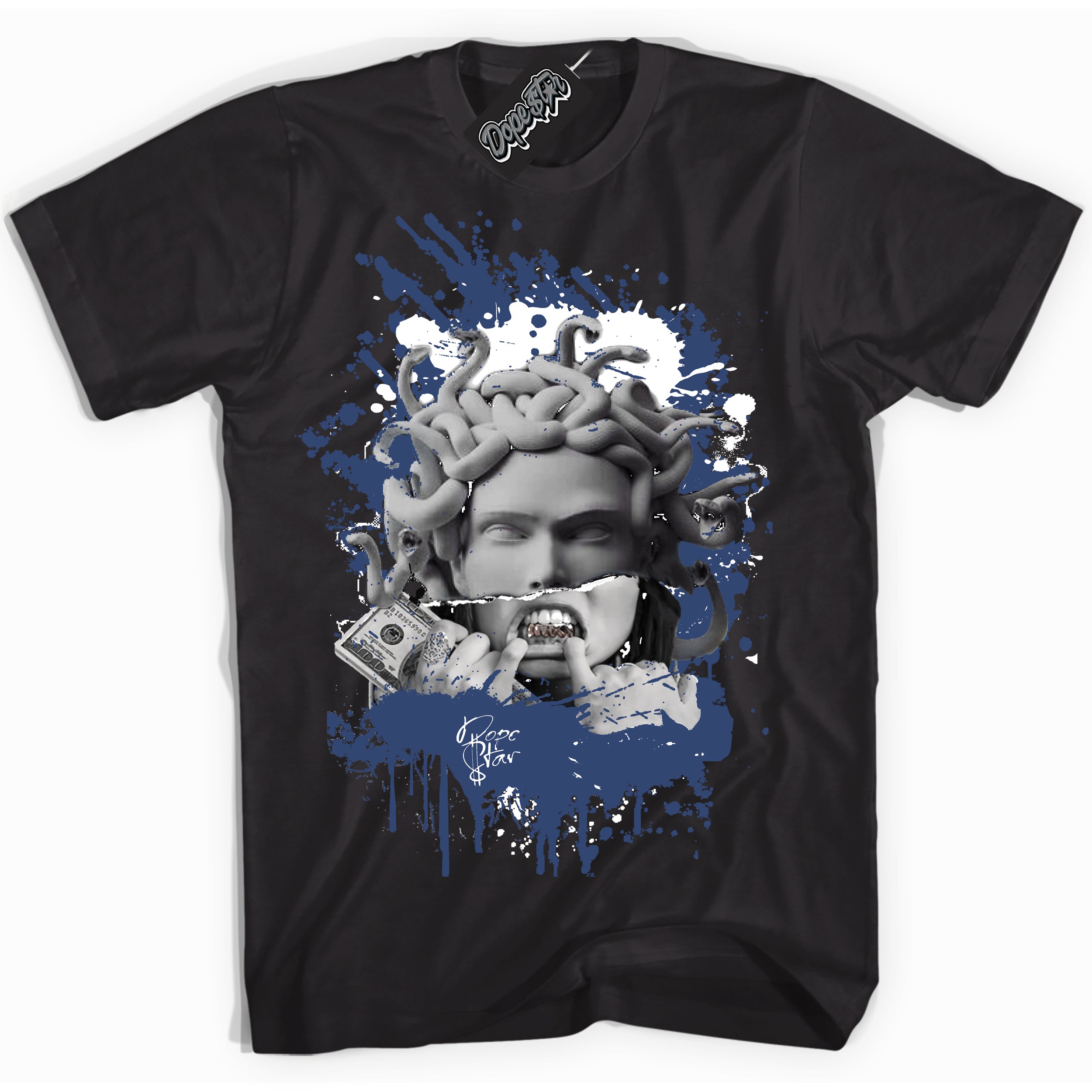 Cool Black Shirt with “Medusa” design that perfectly matches Diffused Blue 11s Jordans.