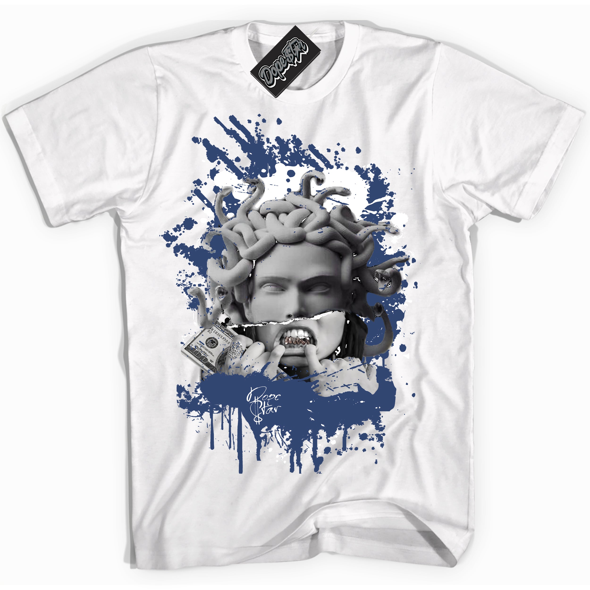 Cool White Shirt with “Medusa” design that perfectly matches Diffused Blue 11s Jordans.