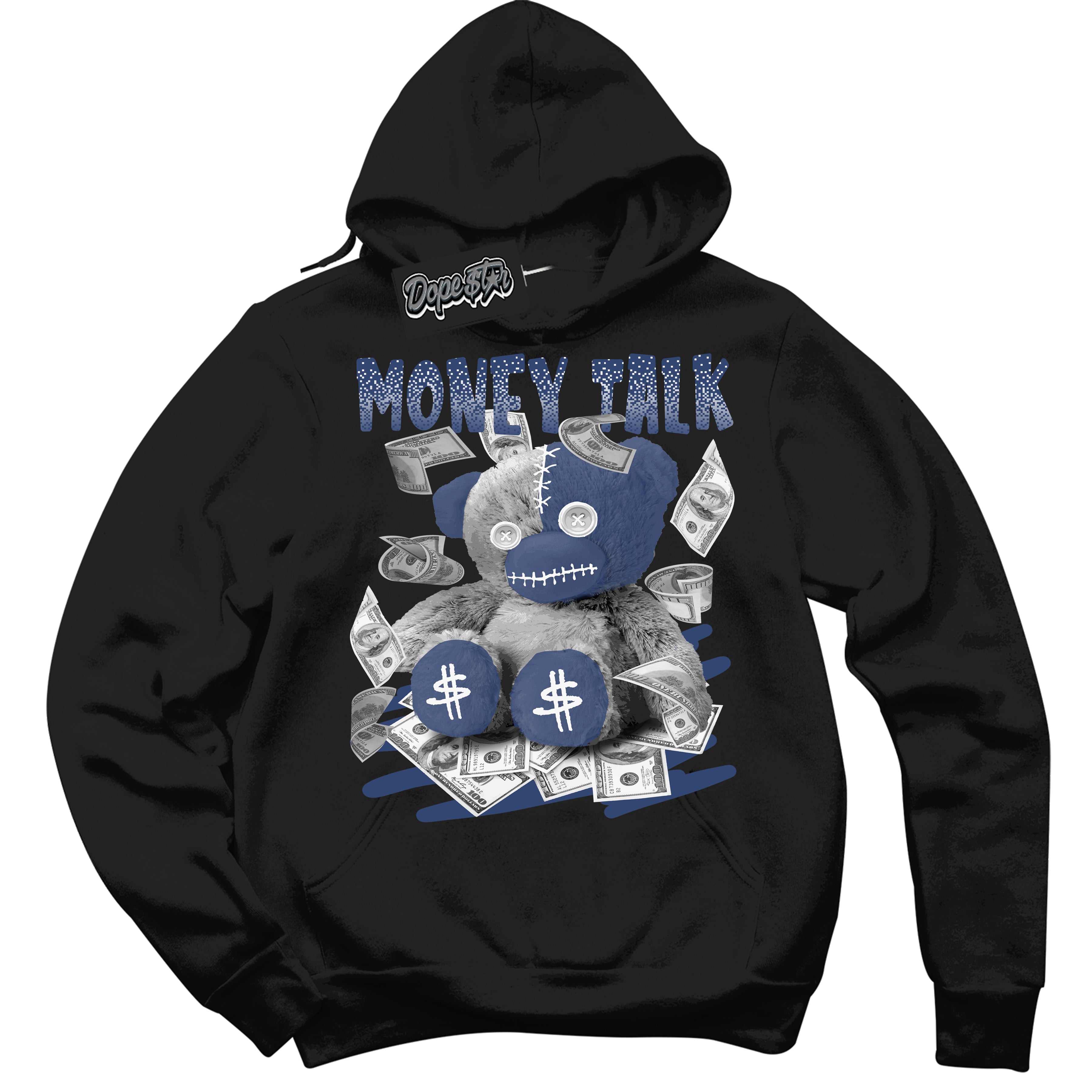 Cool Black Hoodie with “ Money Talk Bear ” design that Perfectly Matches Diffused Blue 11s Jordans.