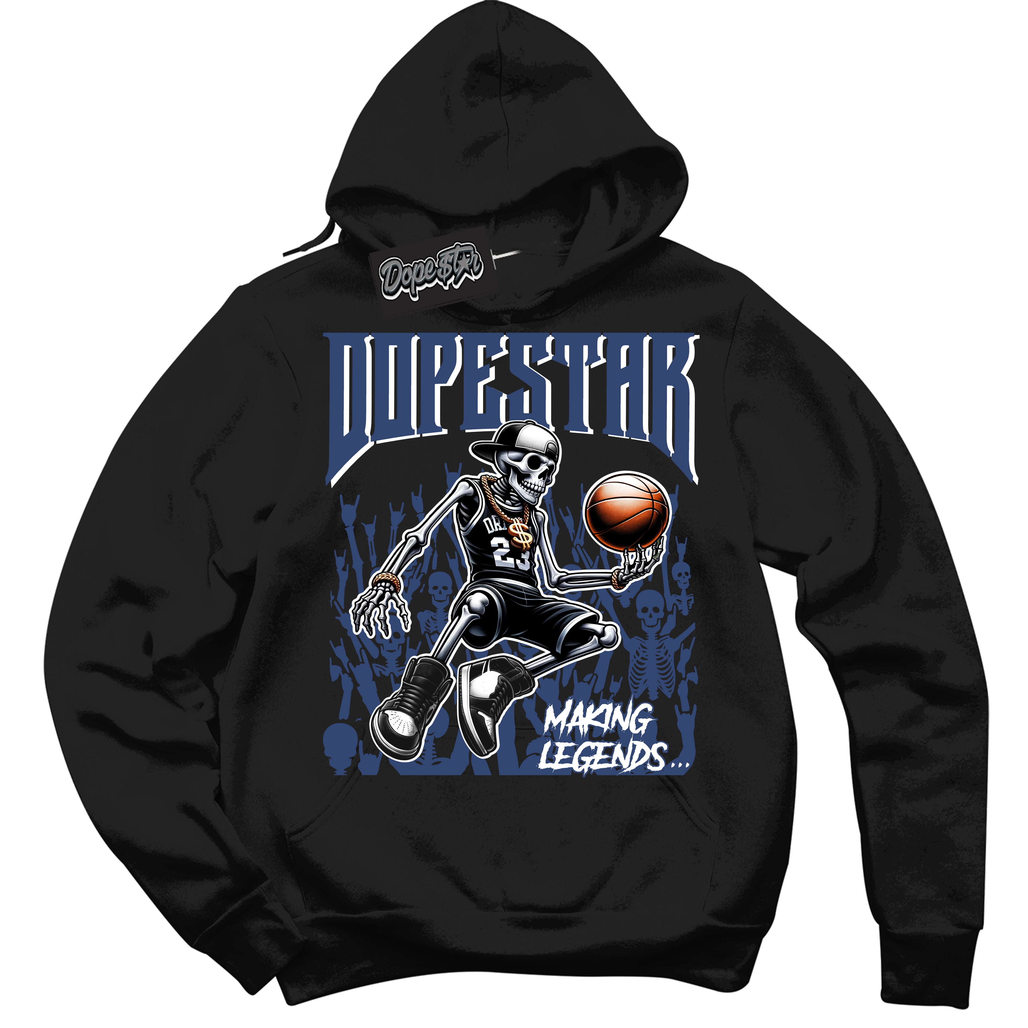 Cool Black Hoodie with “ Making Legends ” design that Perfectly Matches Diffused Blue 11s Jordans.