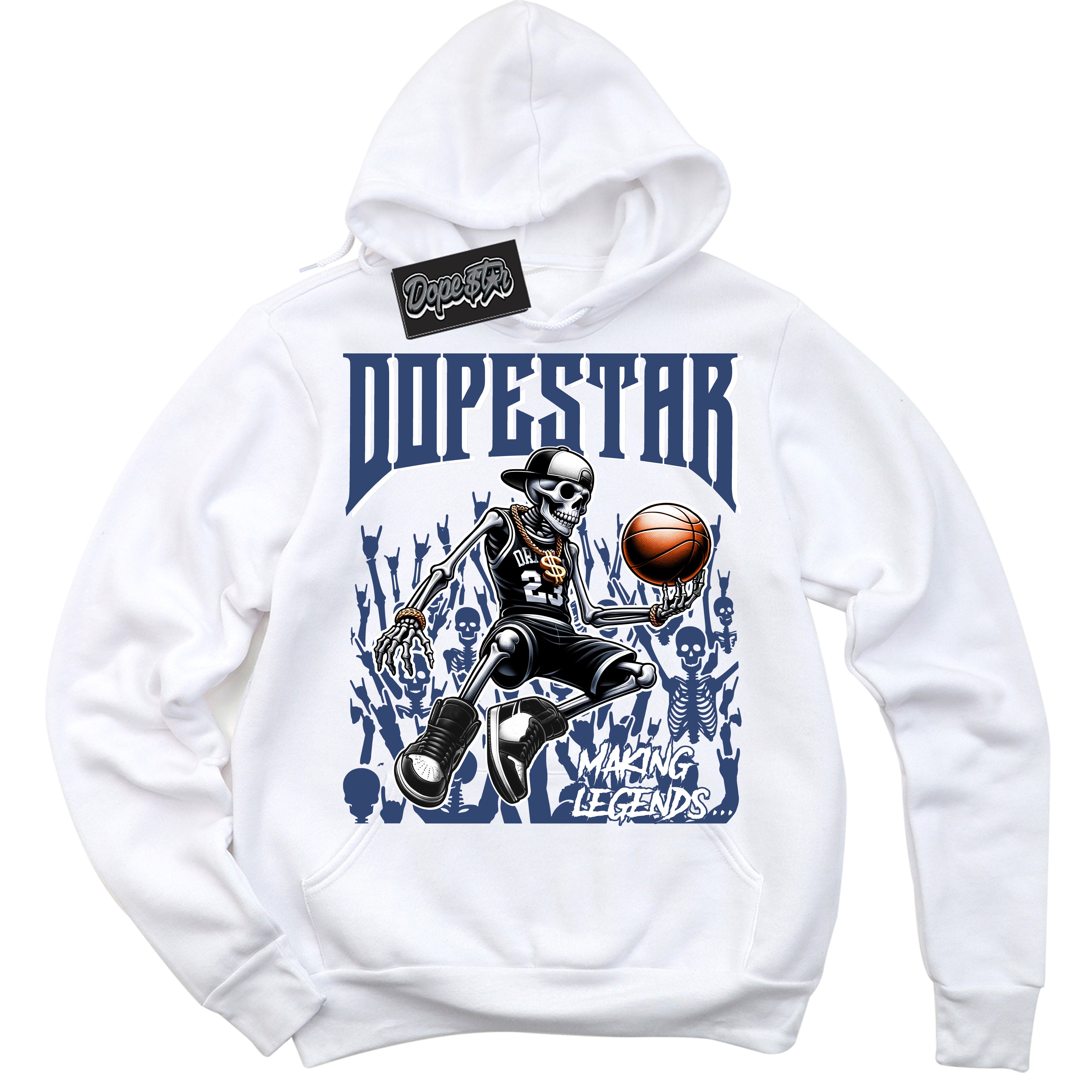 Cool White Hoodie with “ Making Legends ” design that Perfectly Matches Diffused Blue 11s Jordans.