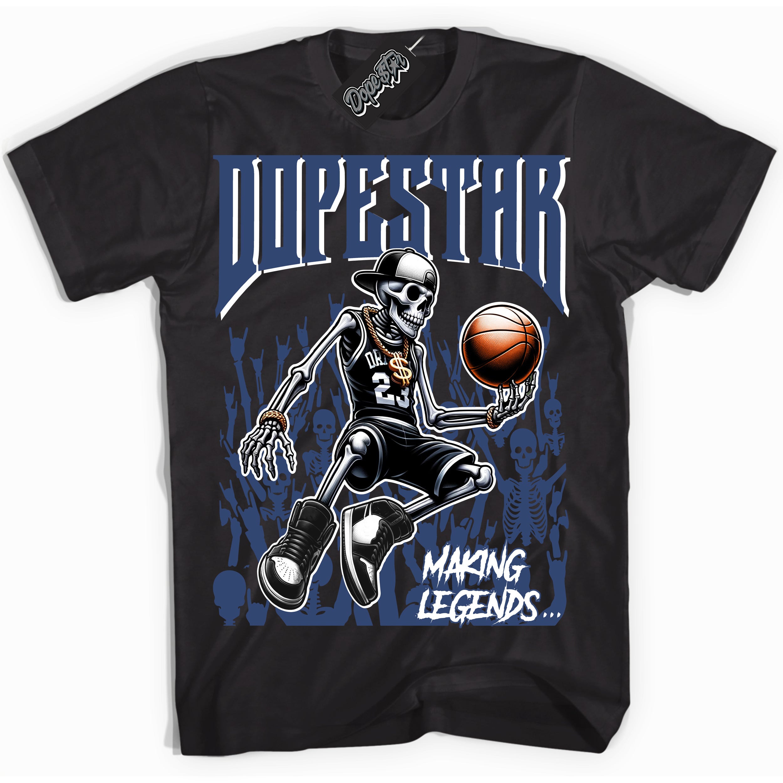 Cool Black Shirt with “ Making Legends ” design that perfectly matches Diffused Blue 11s Jordans.