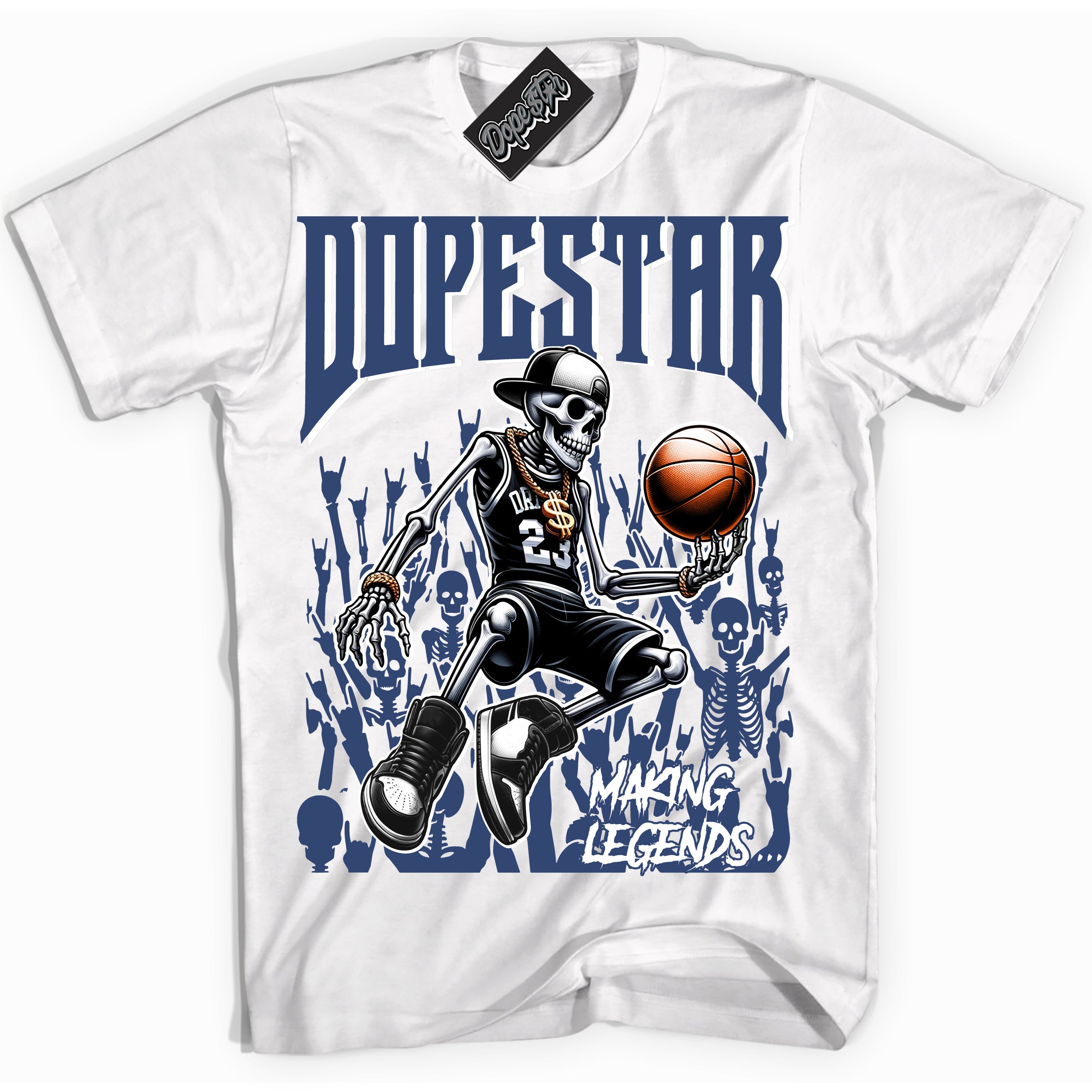 Cool White Shirt with “ Making Legends ” design that perfectly matches Diffused Blue 11s Jordans.