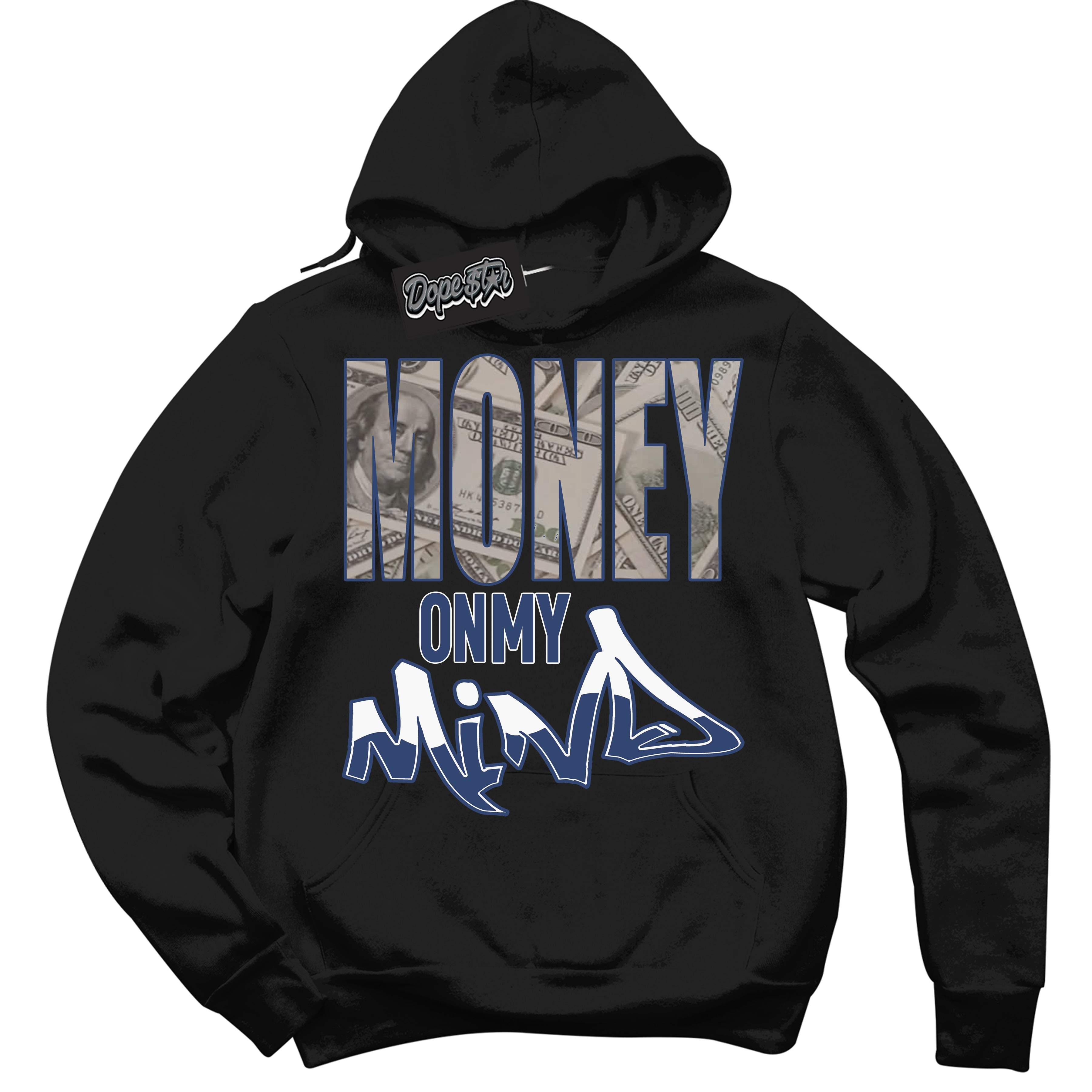 Cool Black Hoodie with “Money On My Mind” design that Perfectly Matches Diffused Blue 11s Jordans.