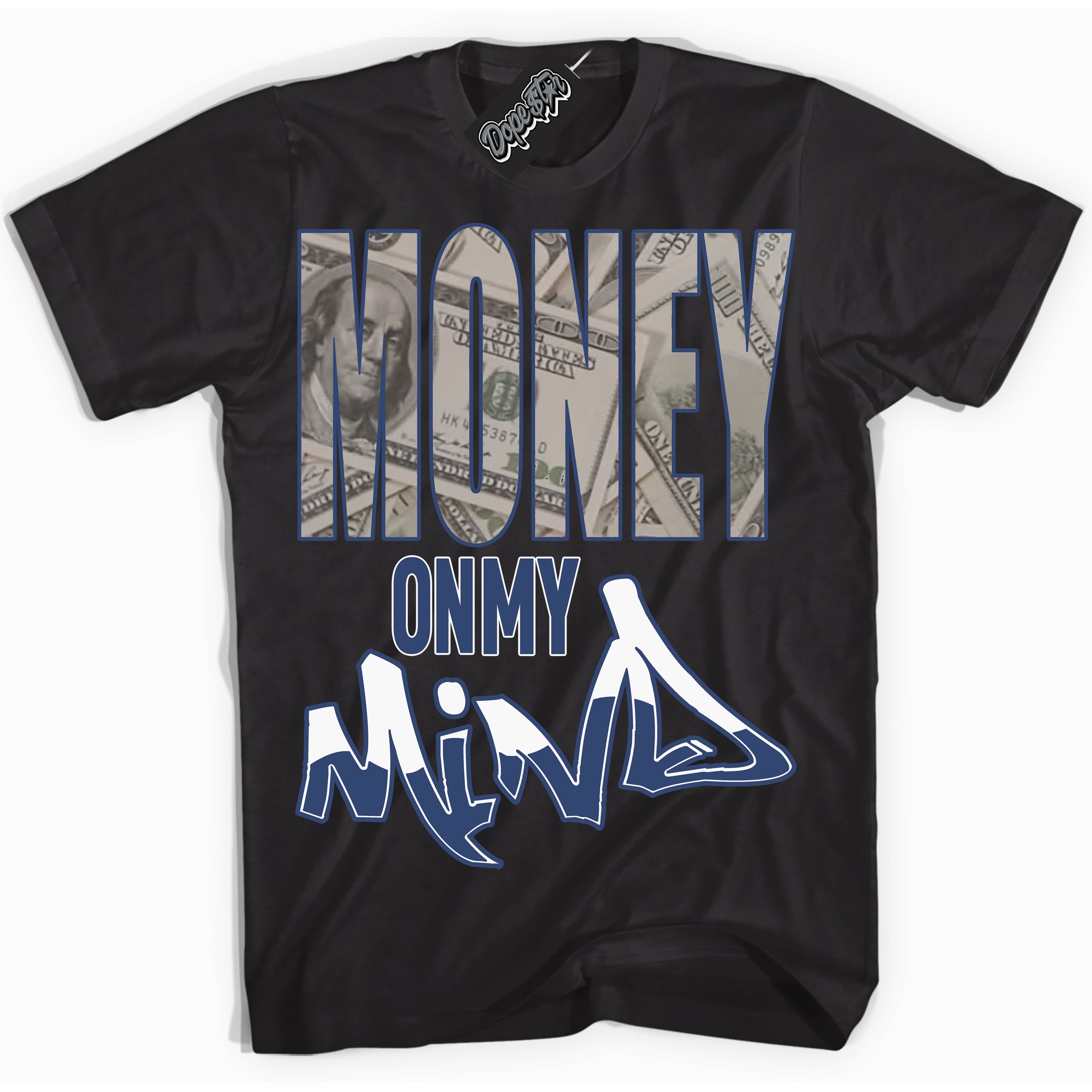 Cool Black Shirt with “Money On My Mind” design that perfectly matches Diffused Blue 11s Jordans.