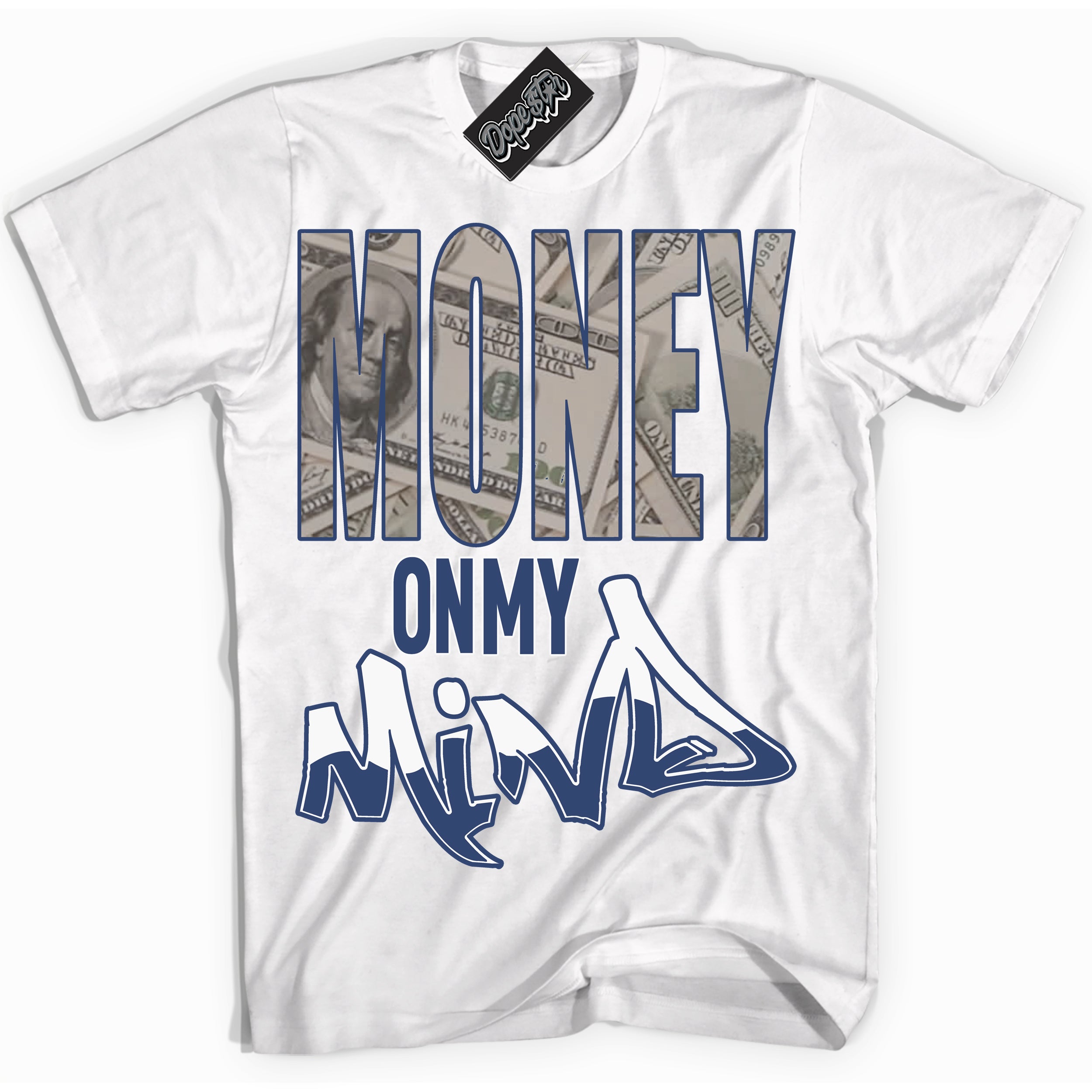 Cool White Shirt with “Money On My Mind” design that perfectly matches Diffused Blue 11s Jordans.