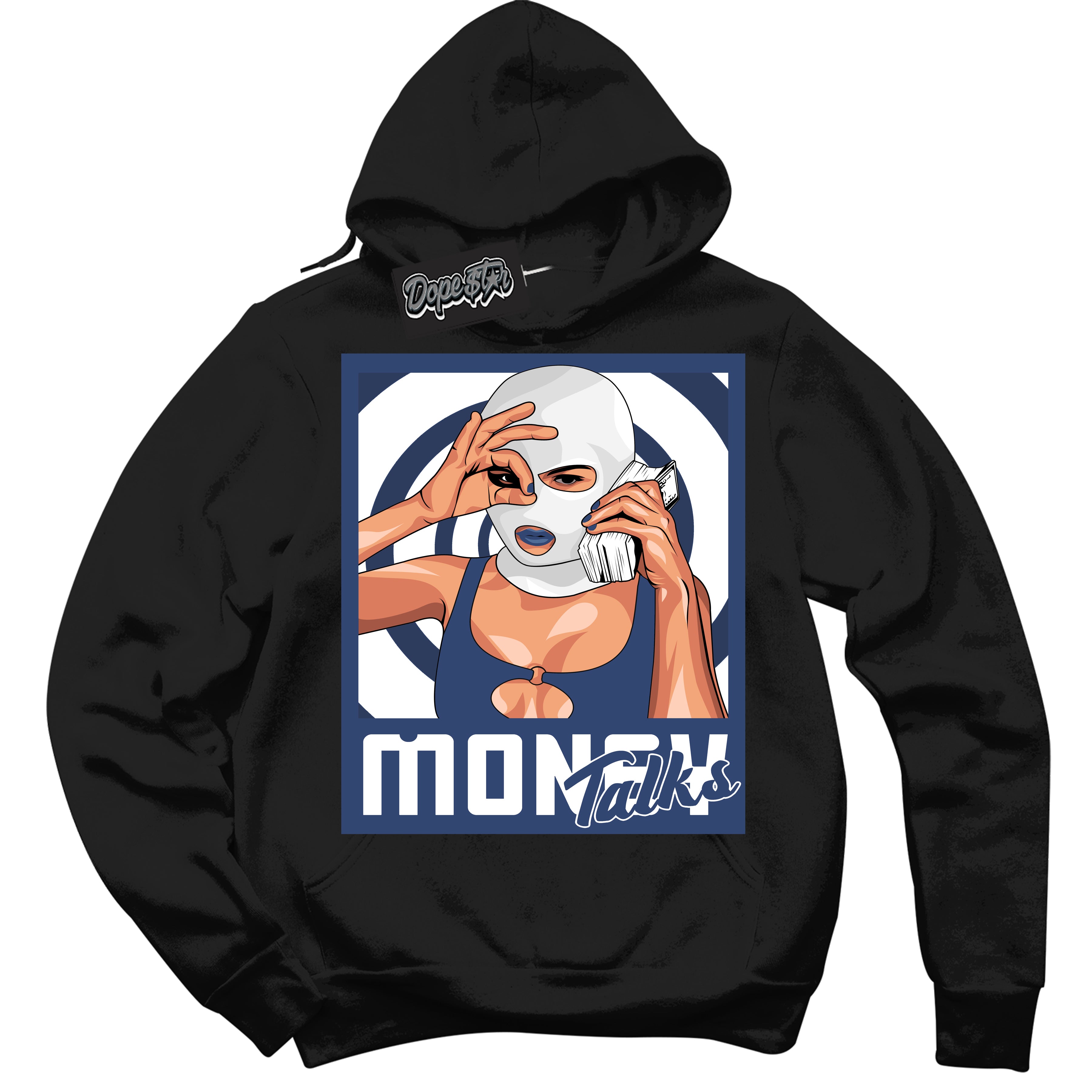 Cool Black Hoodie with “ Money Talks ” design that Perfectly Matches Diffused Blue 11s Jordans.