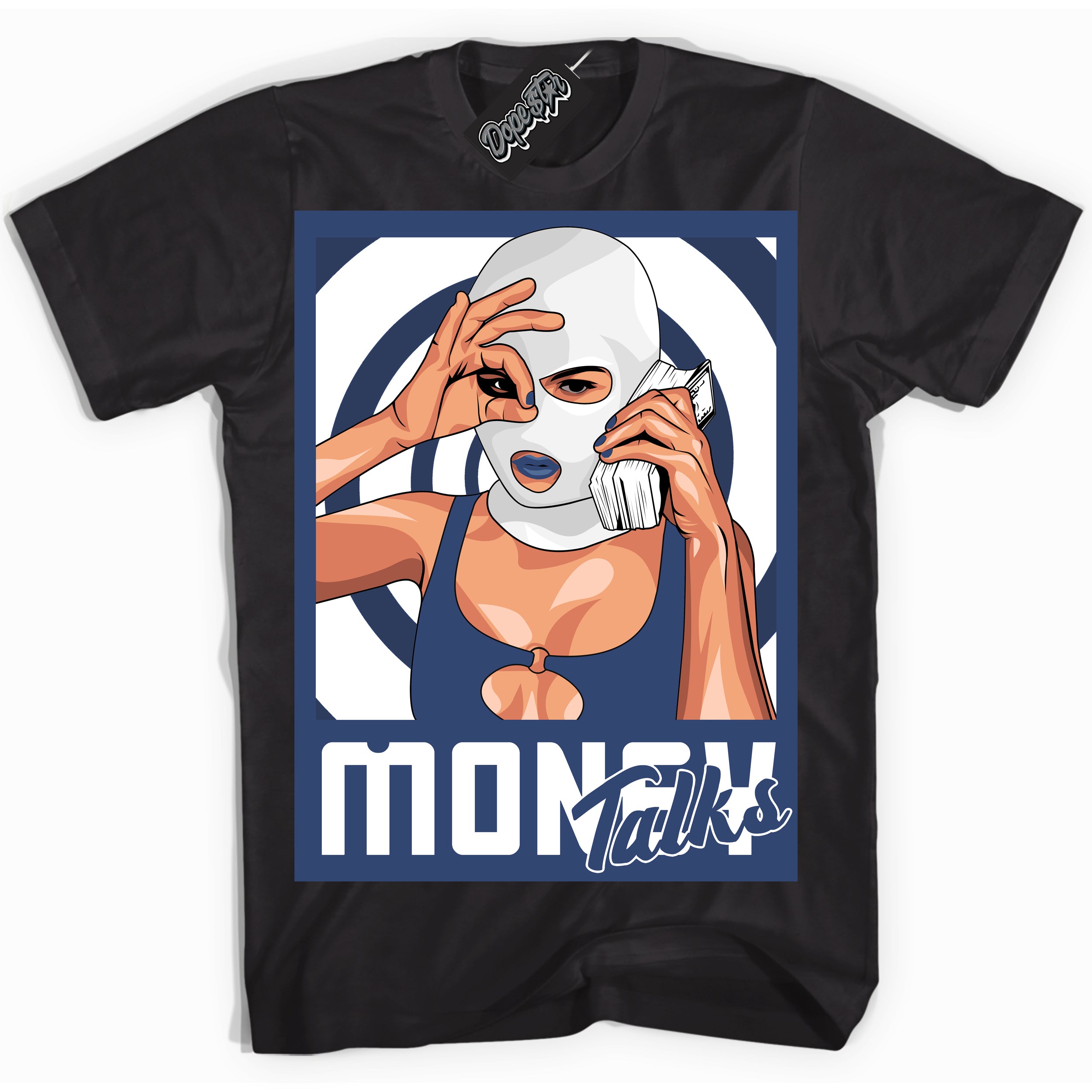 Cool Black Shirt with “ Money Talks ” design that perfectly matches Diffused Blue 11s Jordans.