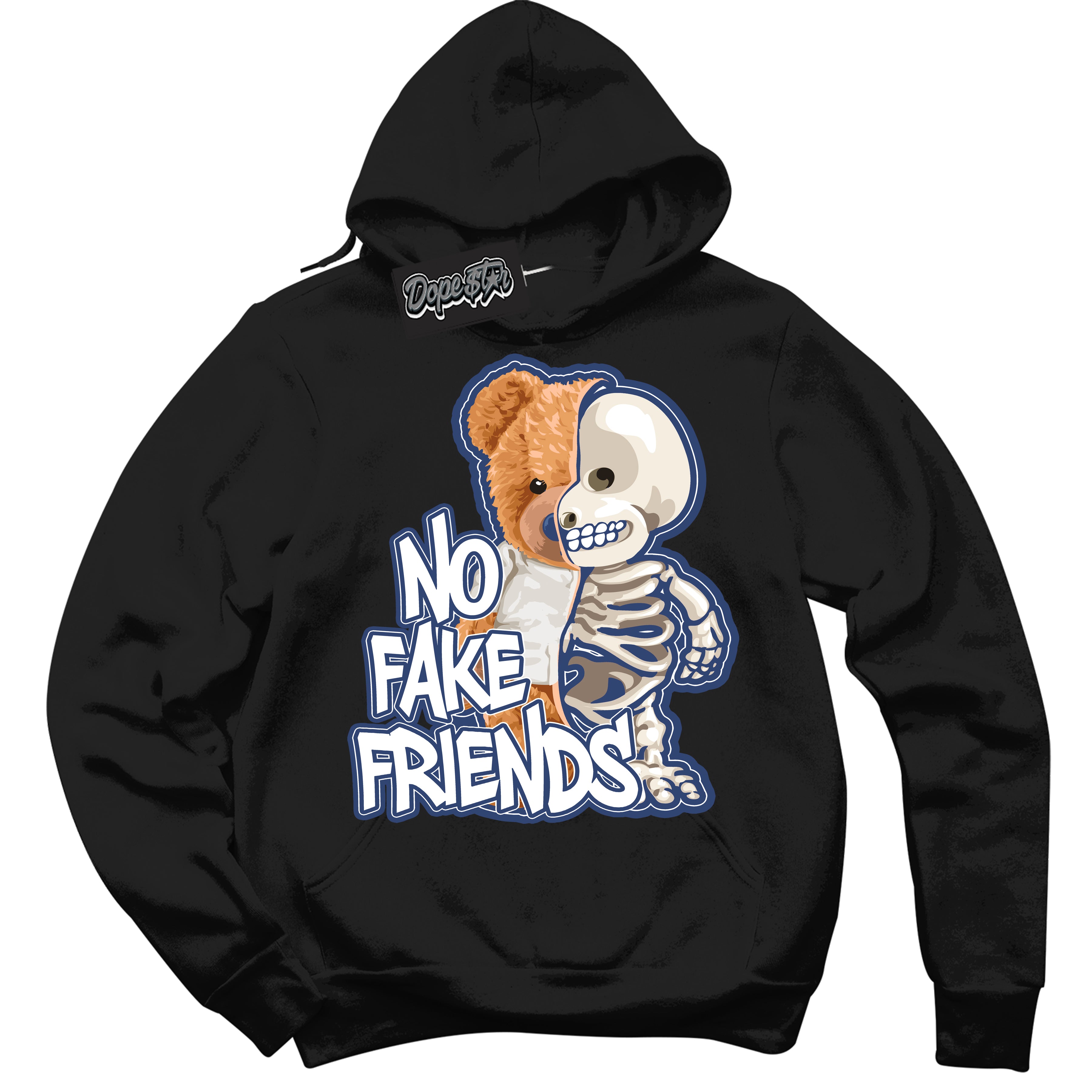 Cool Black Hoodie with “No Fake Friends” design that Perfectly Matches Diffused Blue 11s Jordans.