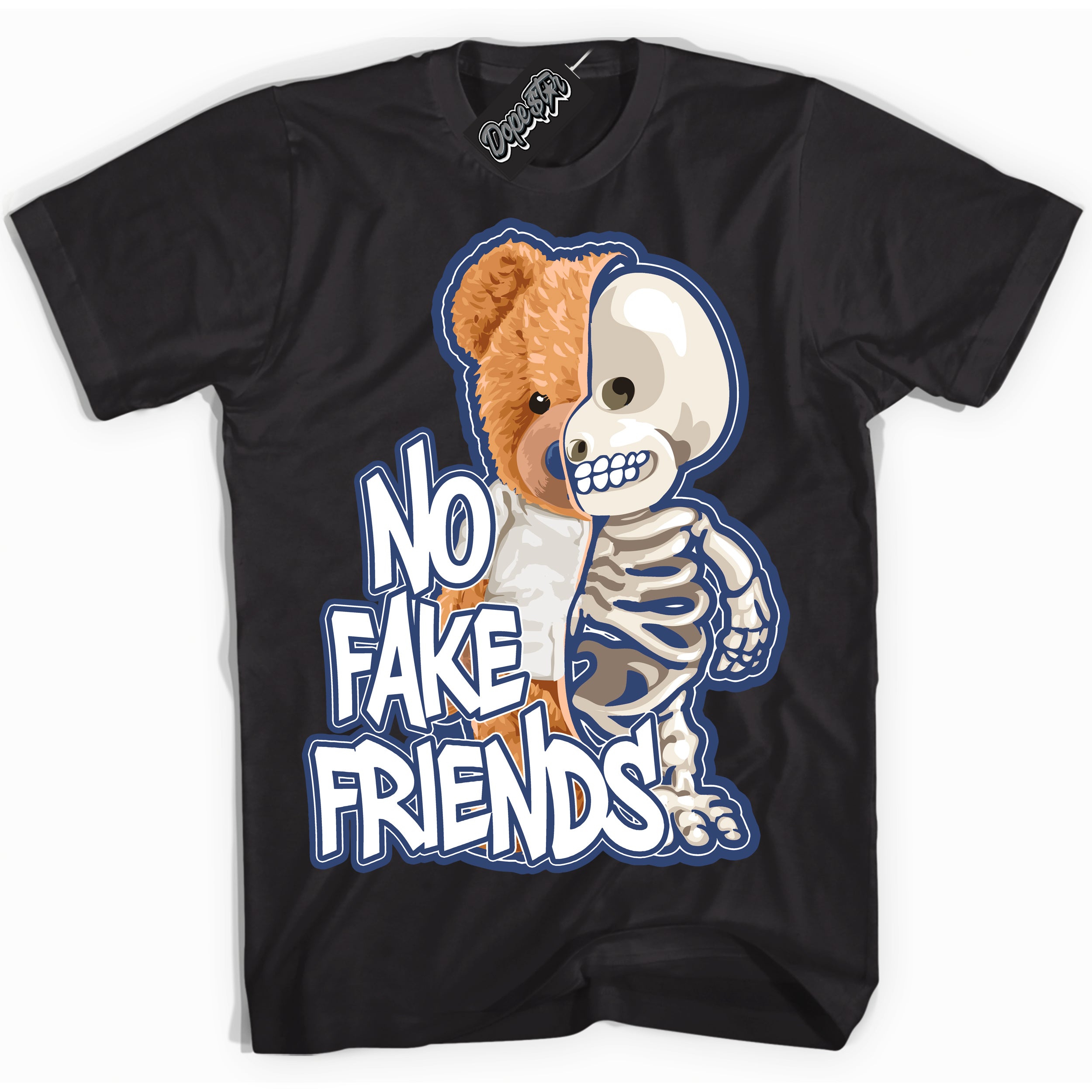 Cool Black Shirt with “ No Fake Friends ” design that perfectly matches Diffused Blue 11s Jordans.