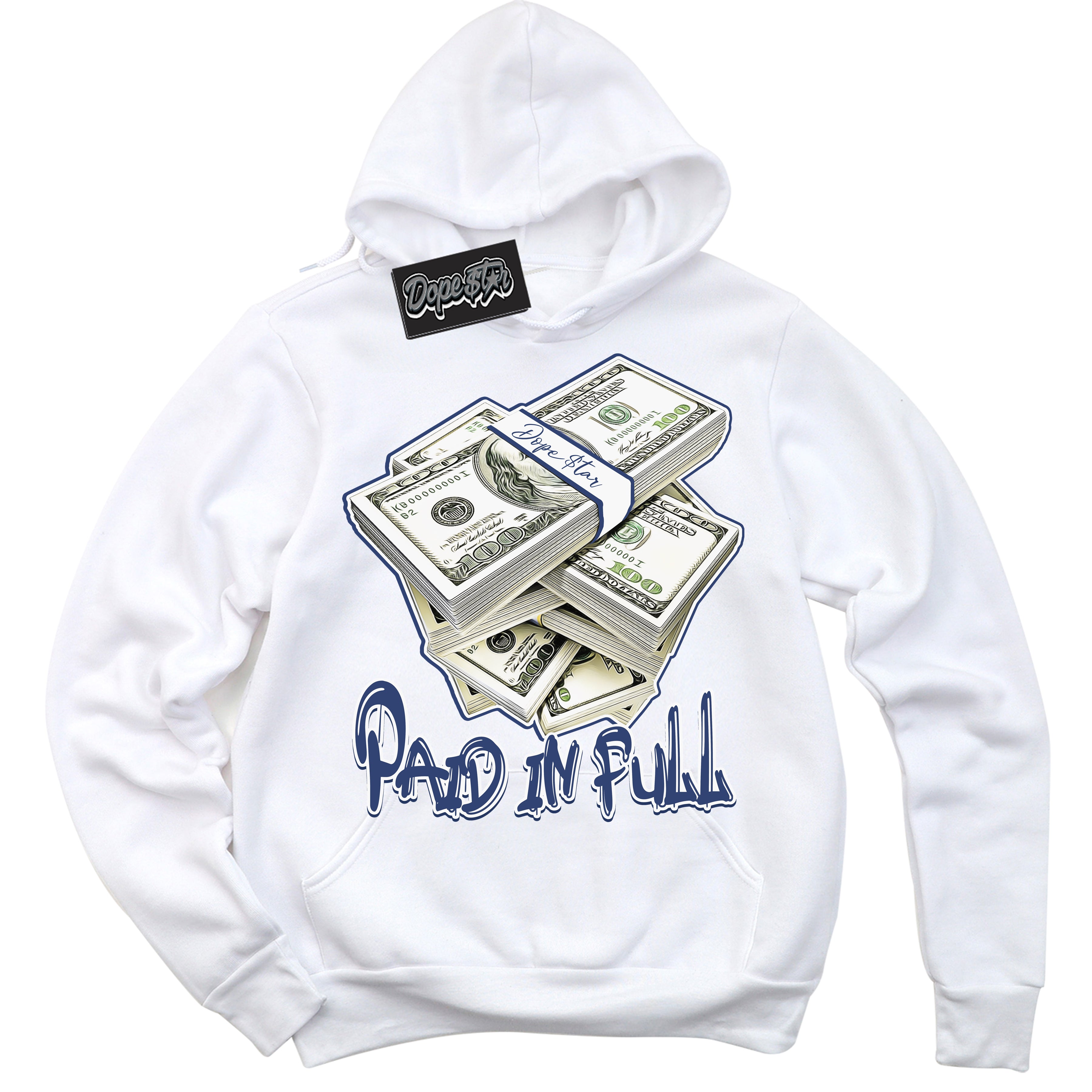 Cool White Hoodie with “Paid In Full” design that Perfectly Matches Diffused Blue 11s Jordans.