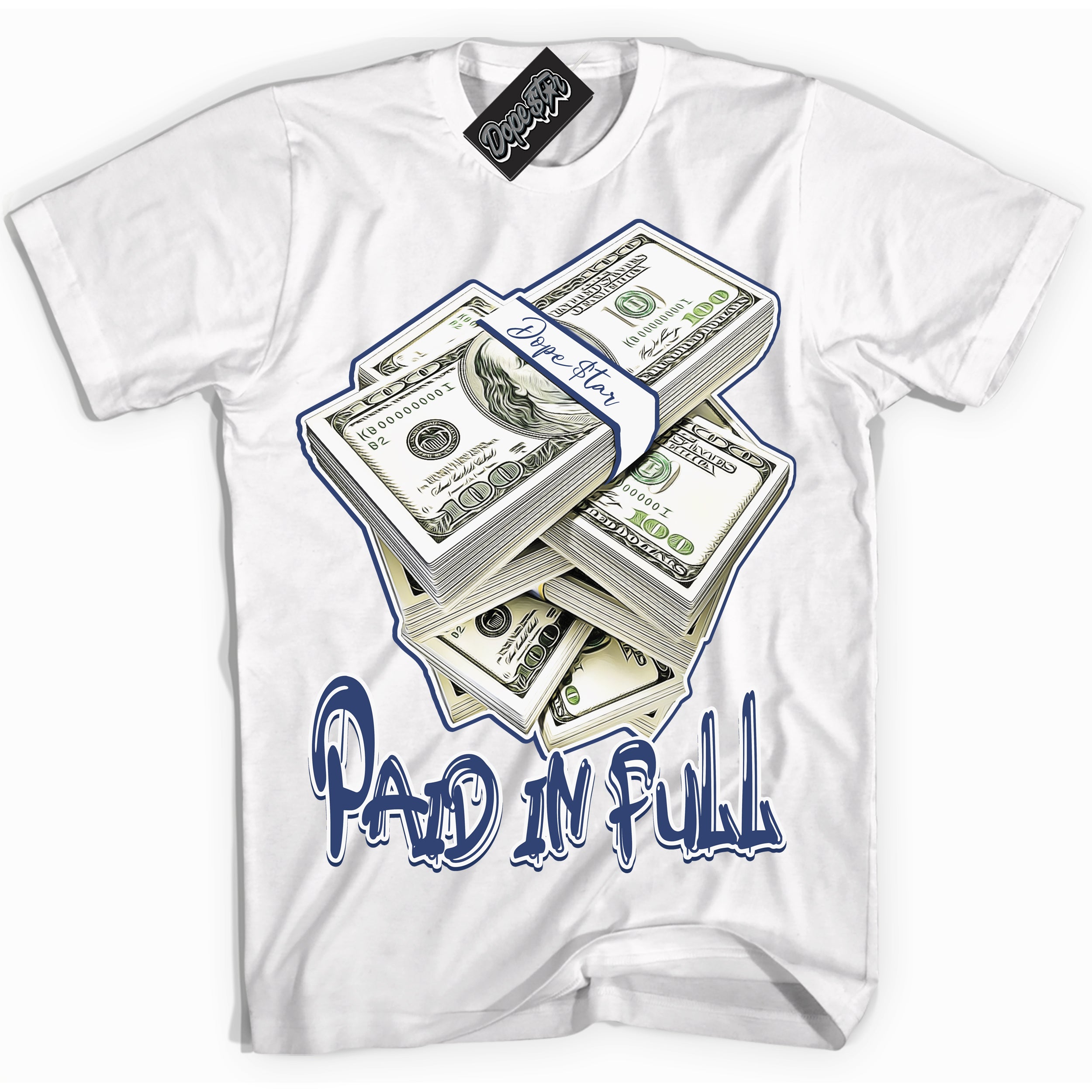 Cool White Shirt with “ Paid In Full ” design that perfectly matches Diffused Blue 11s Jordans.