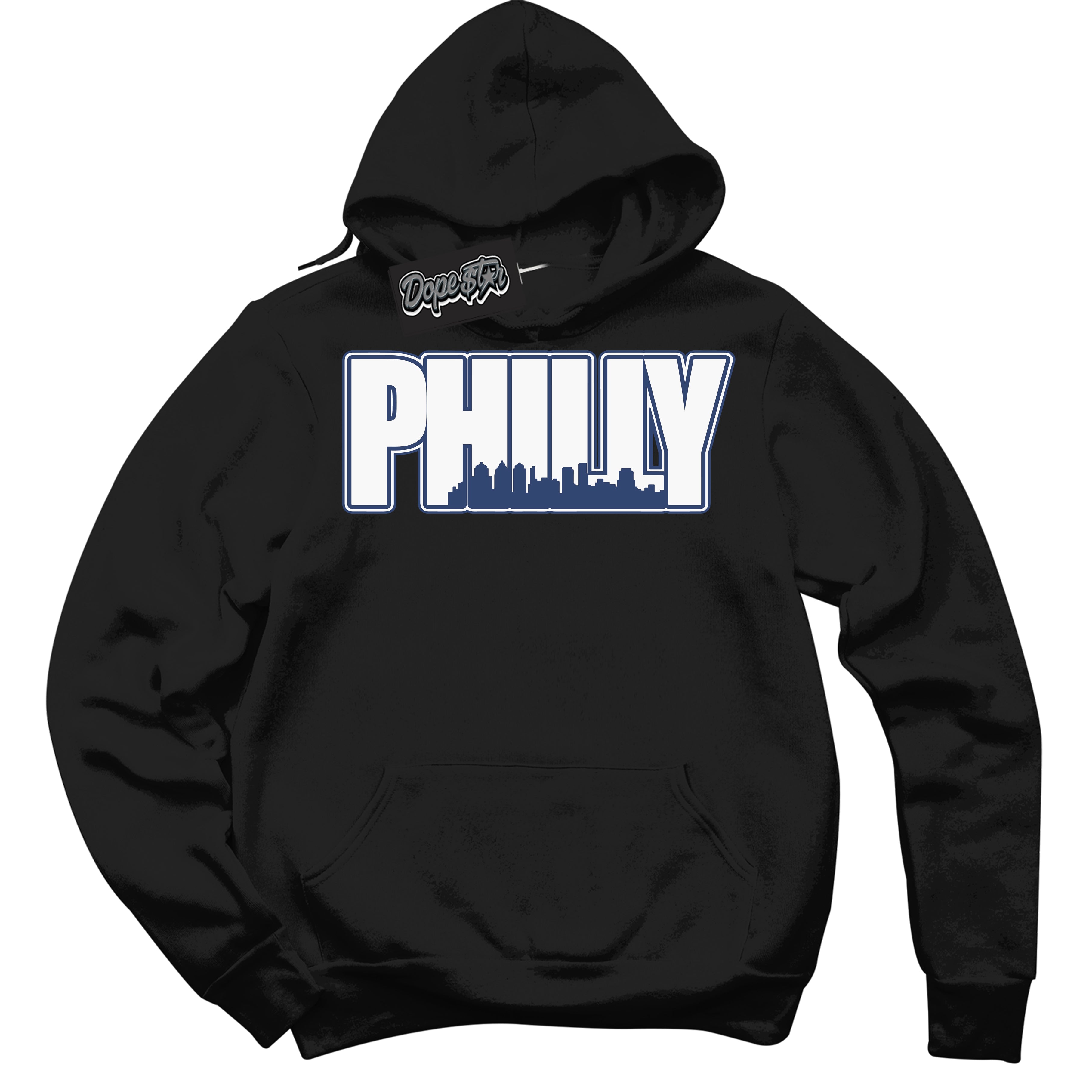 Cool Black Hoodie with “ Philly ” design that Perfectly Matches Diffused Blue 11s Jordans.