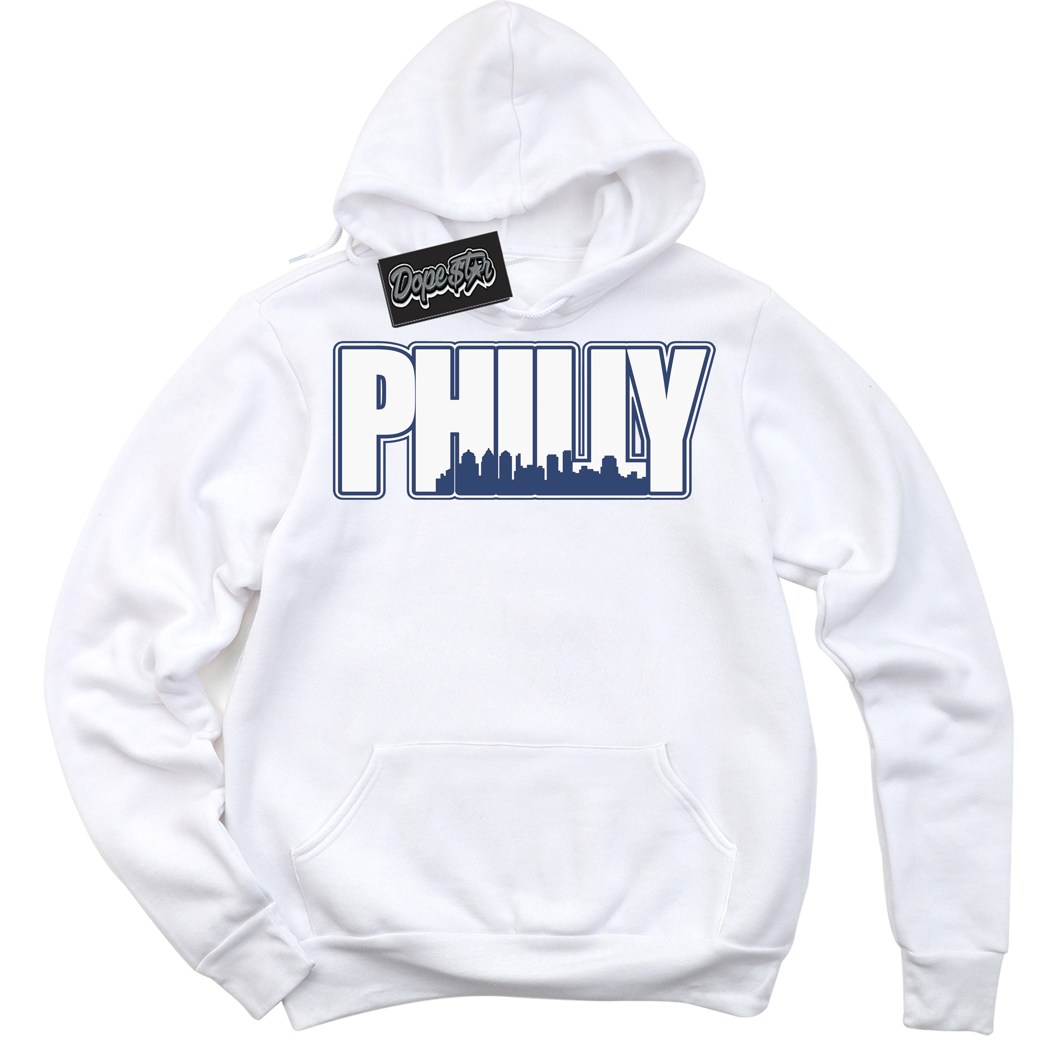 Cool White Hoodie with “ Philly ” design that Perfectly Matches Diffused Blue 11s Jordans.