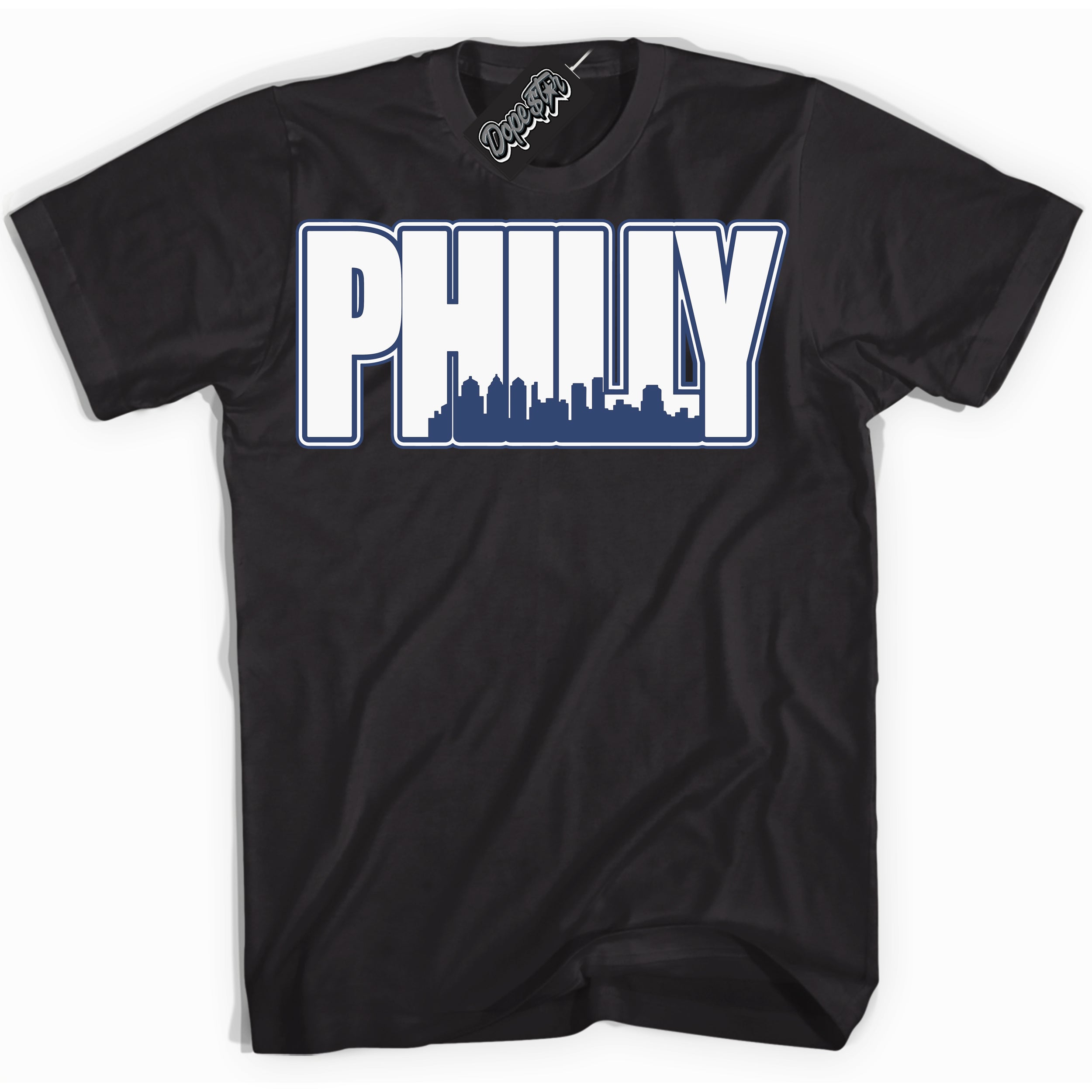 Cool Black Shirt with “ Philly ” design that perfectly matches Diffused Blue 11s Jordans.