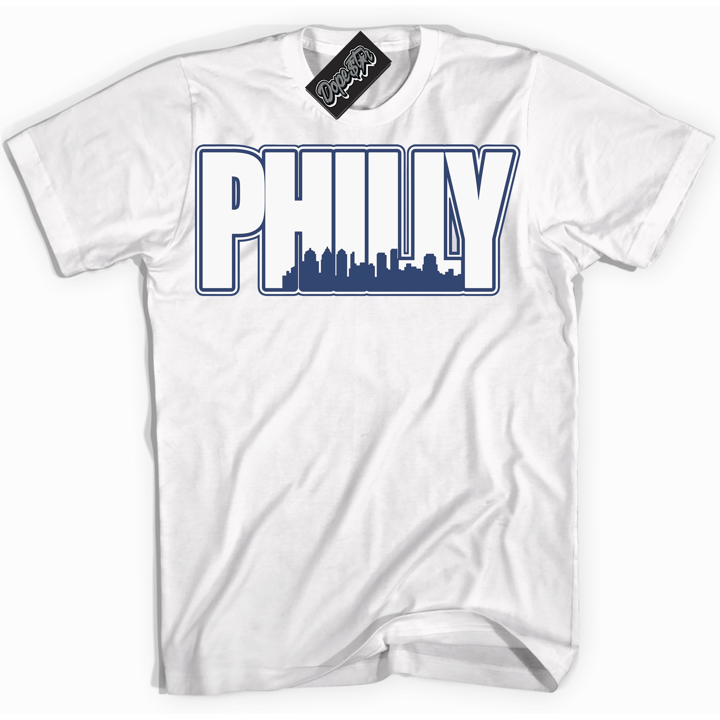 Cool White Shirt with “ Philly ” design that perfectly matches Diffused Blue 11s Jordans.