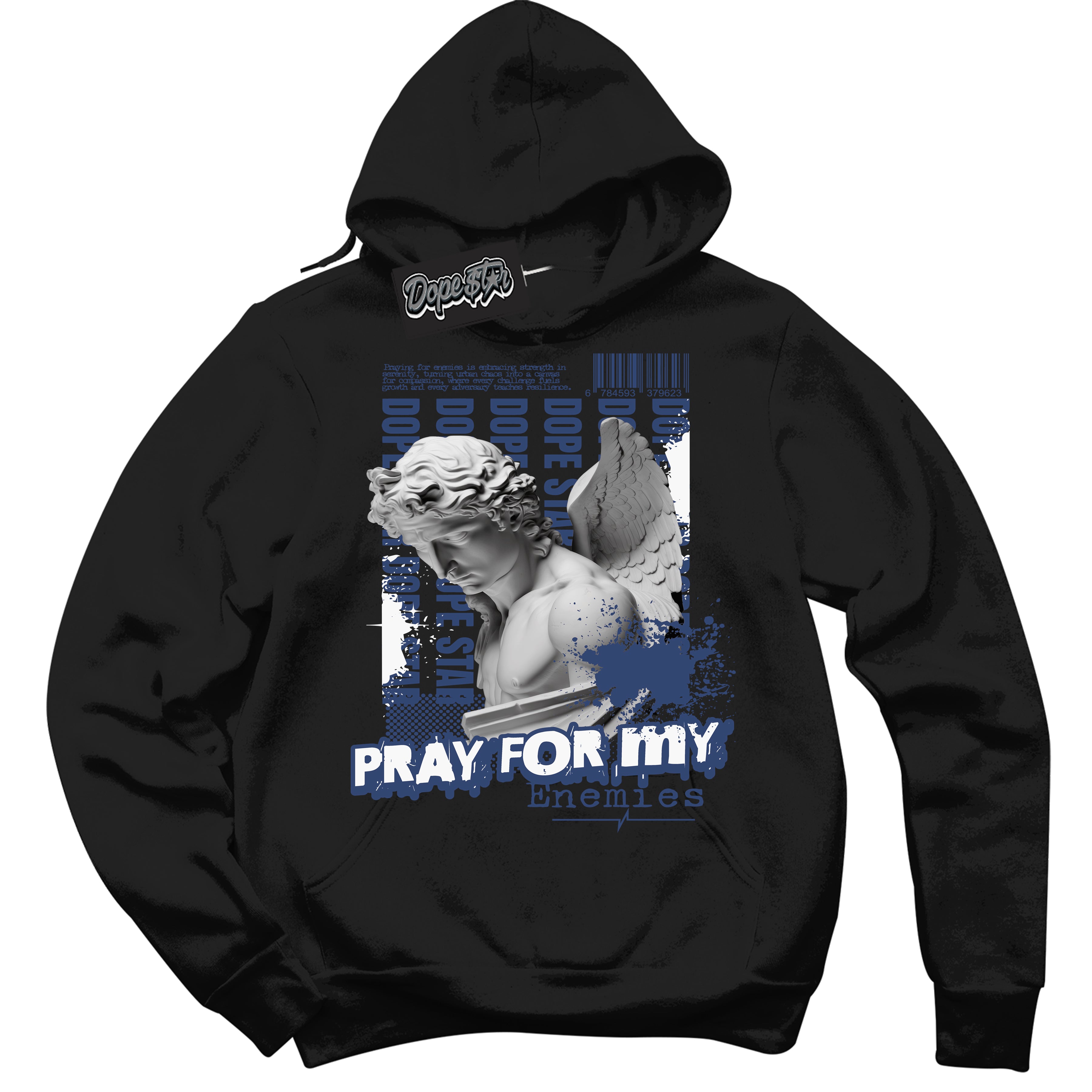 Cool Black Hoodie with “ Pray Enemies ” design that Perfectly Matches Diffused Blue 11s Jordans.