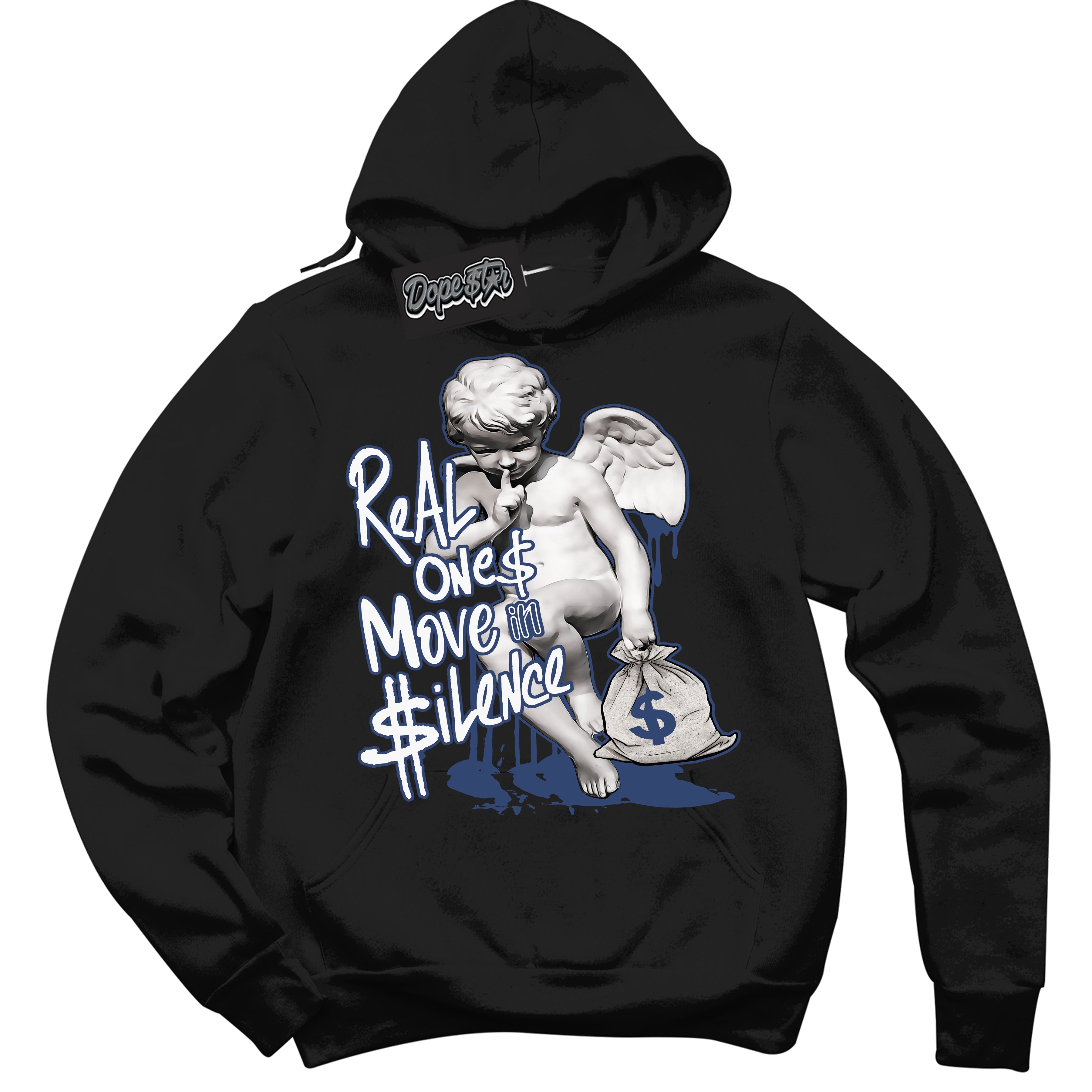 Cool Black Hoodie with “ Real Ones Cherub ” design that Perfectly Matches Diffused Blue 11s Jordans.