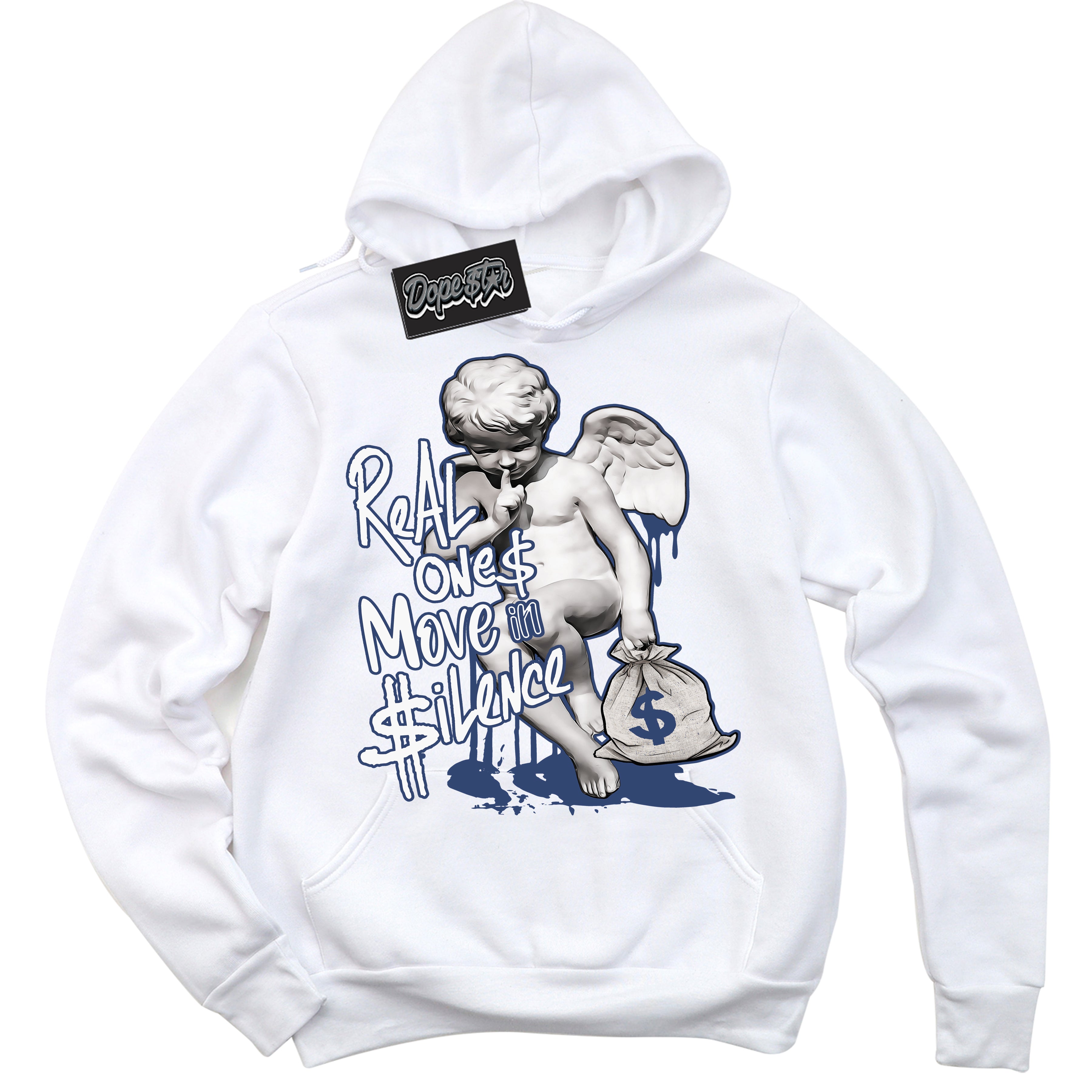 Cool White Hoodie with “ Real Ones Cherub ” design that Perfectly Matches Diffused Blue 11s Jordans.