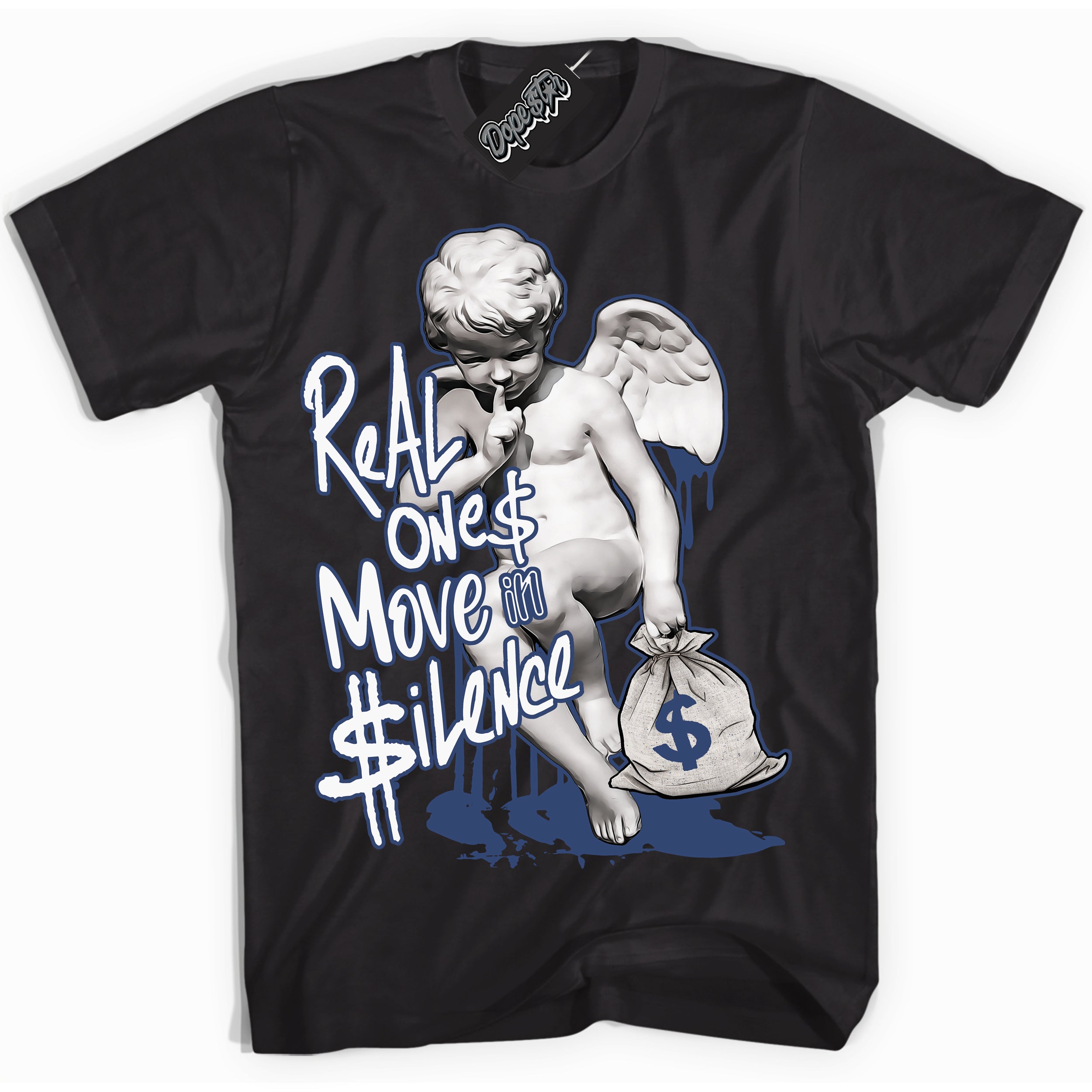 Cool Black Shirt with “ Real Ones Cherub ” design that perfectly matches Diffused Blue 11s Jordans.