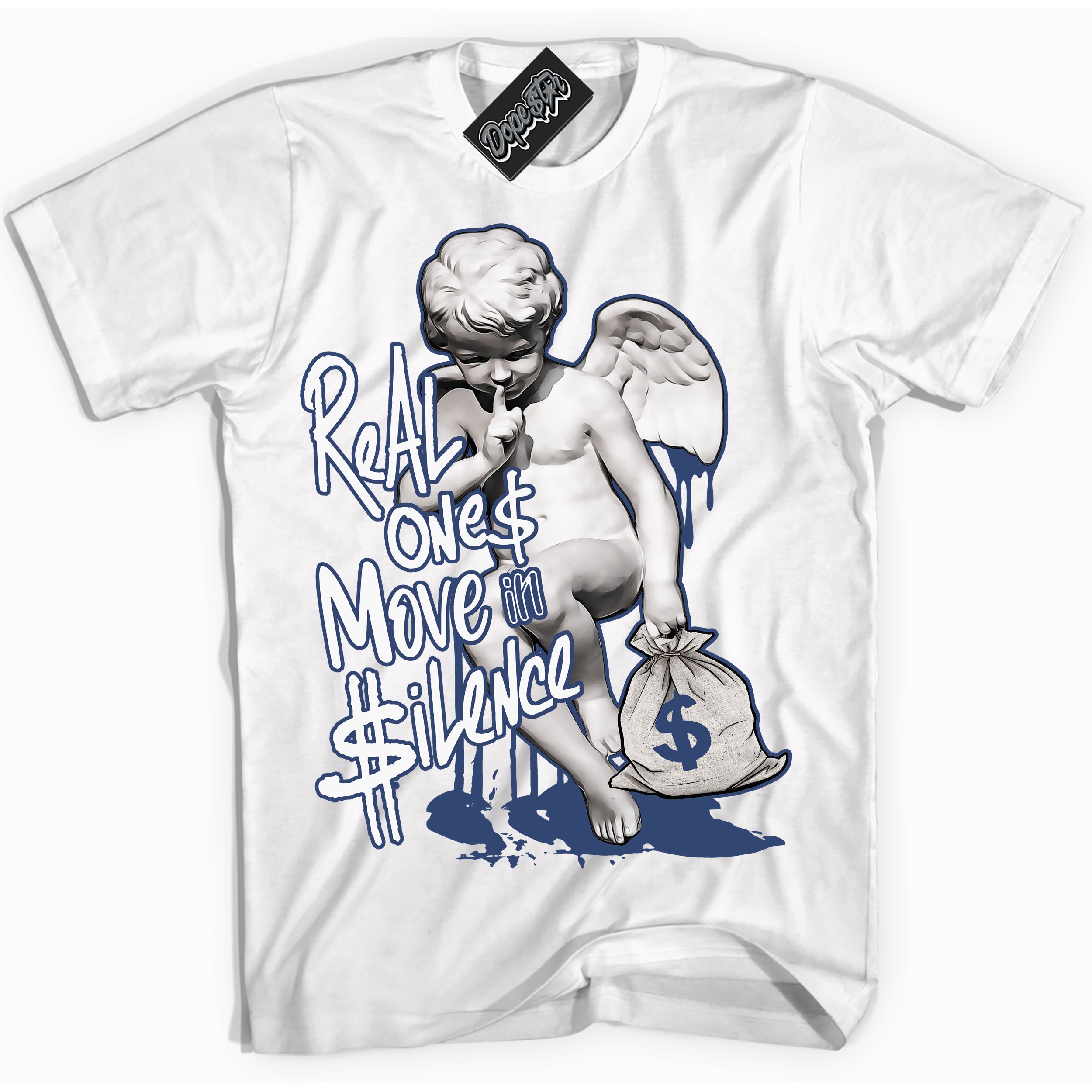 Cool White Shirt with “ Real Ones Cherub ” design that perfectly matches Diffused Blue 11s Jordans.