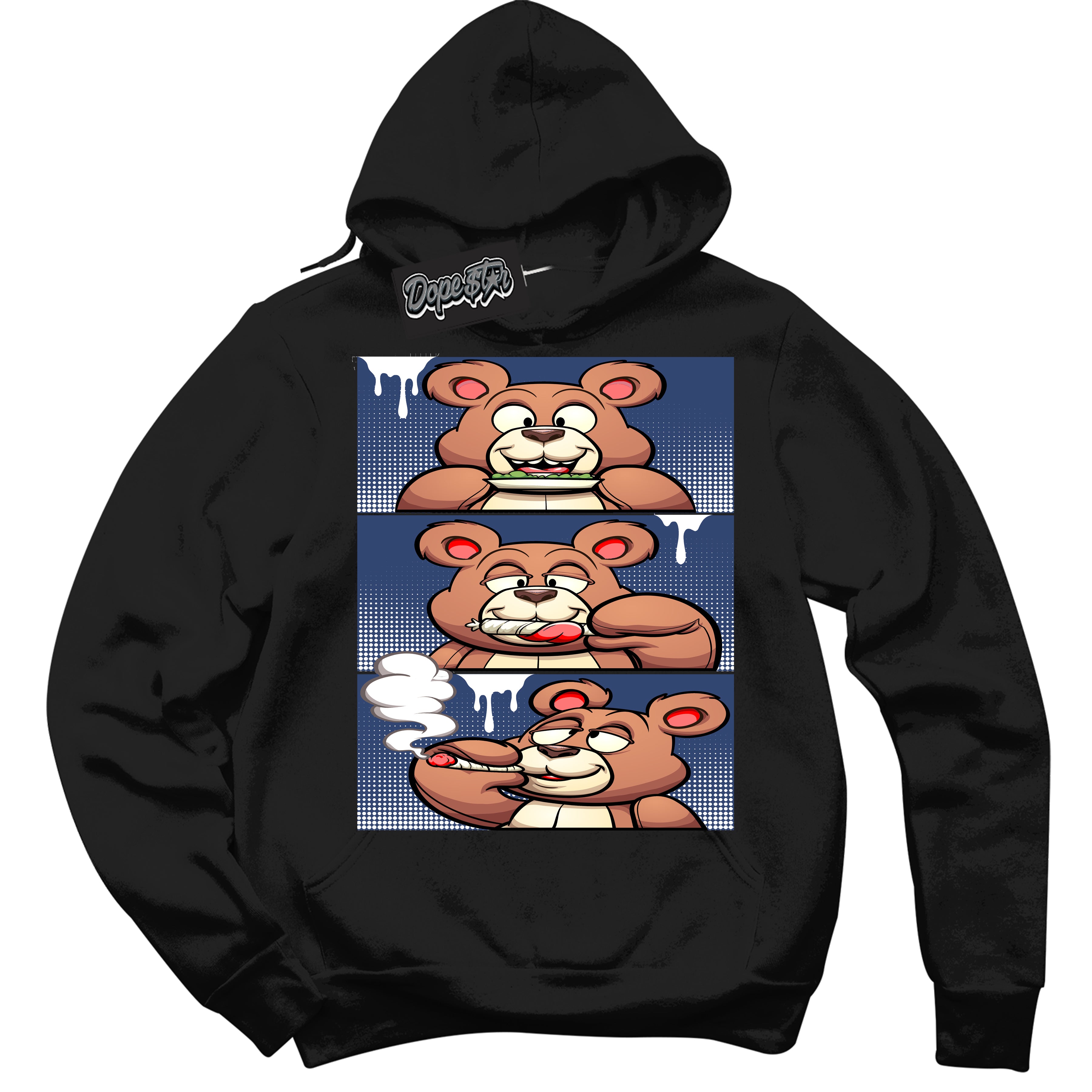 Cool Black Hoodie with “ Roll It Lick It Smoke It Bear ” design that Perfectly Matches Diffused Blue 11s Jordans.