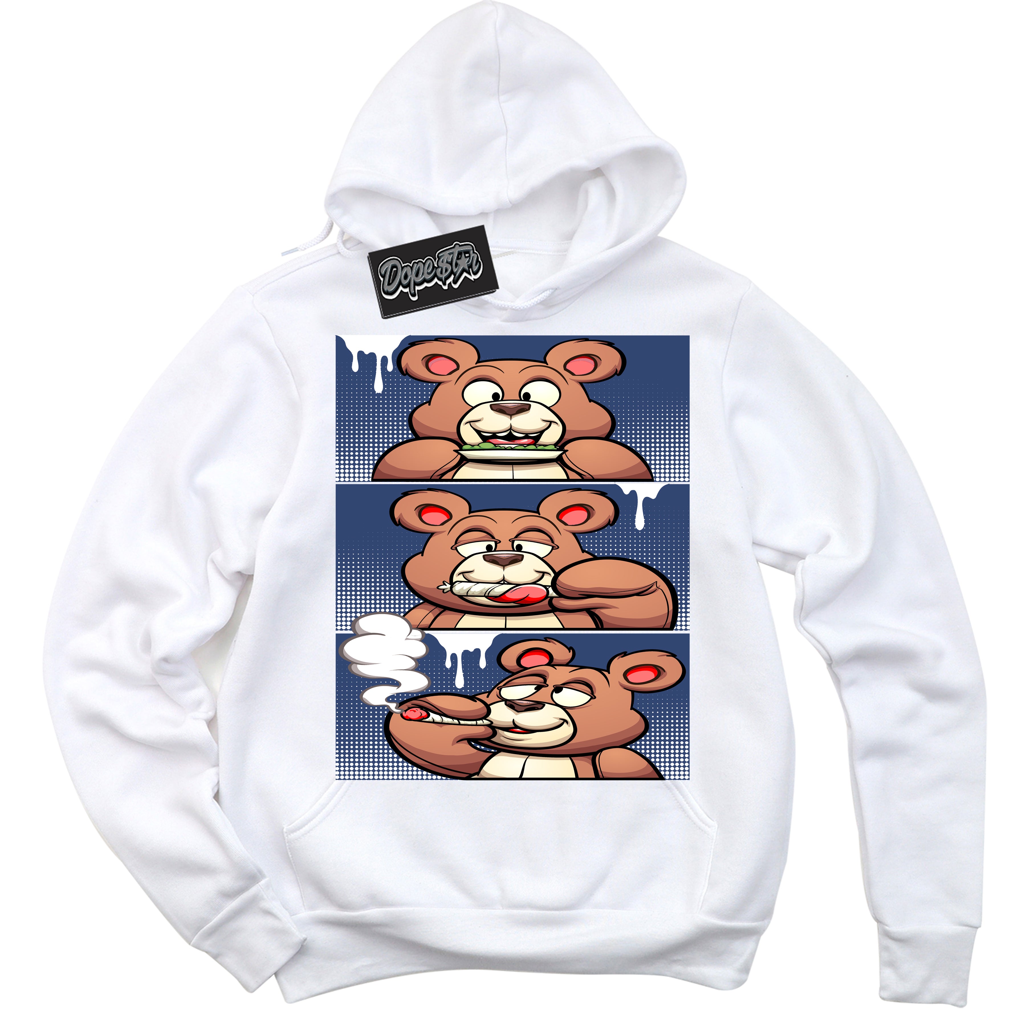 Cool White Hoodie with “ Roll It Lick It Smoke It Bear ” design that Perfectly Matches Diffused Blue 11s Jordans.