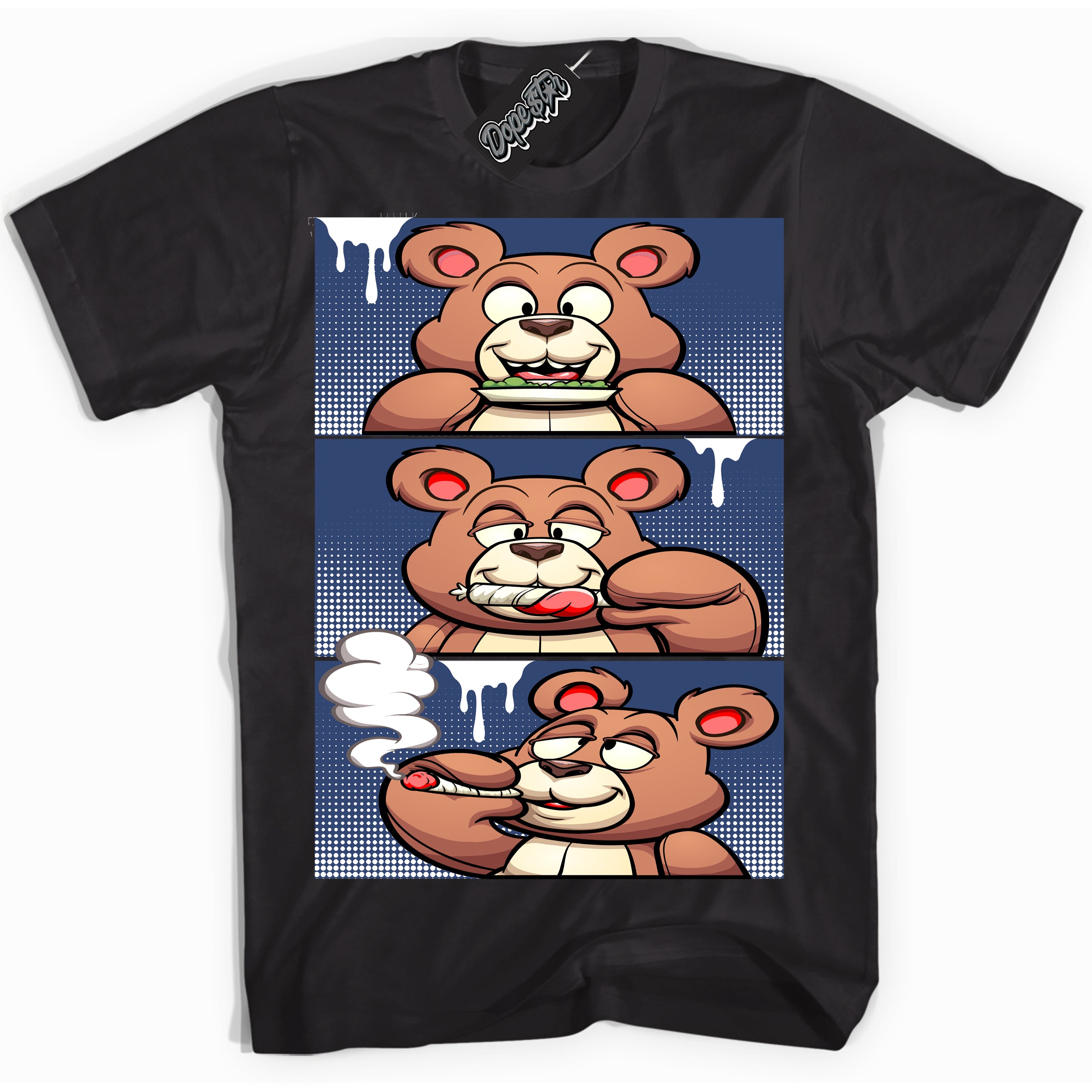 Cool Black Shirt with “ Roll It Lick It Smoke It Bear ” design that perfectly matches Diffused Blue 11s Jordans.