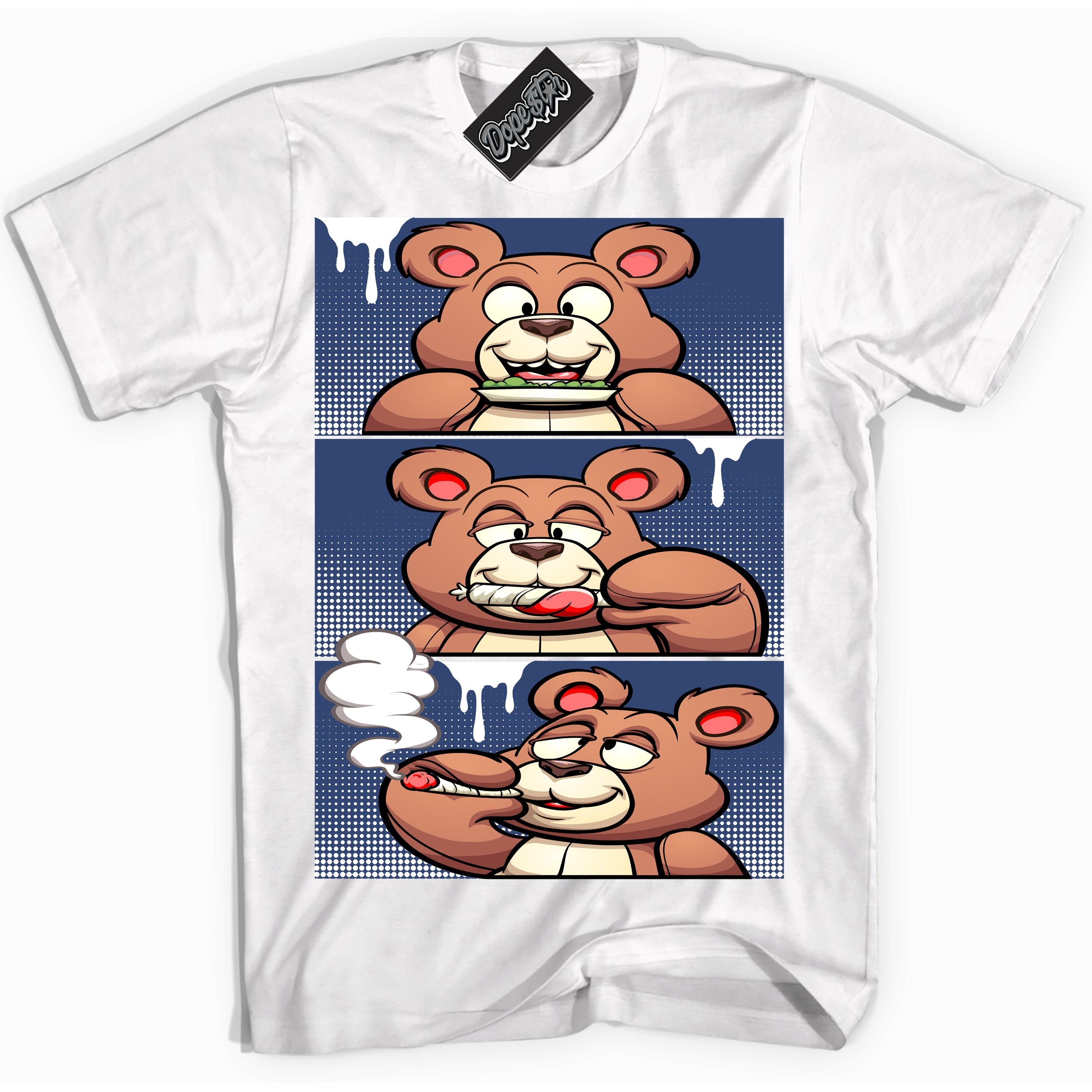 Cool White Shirt with “ Roll It Lick It Smoke It Bear ” design that perfectly matches Diffused Blue 11s Jordans.