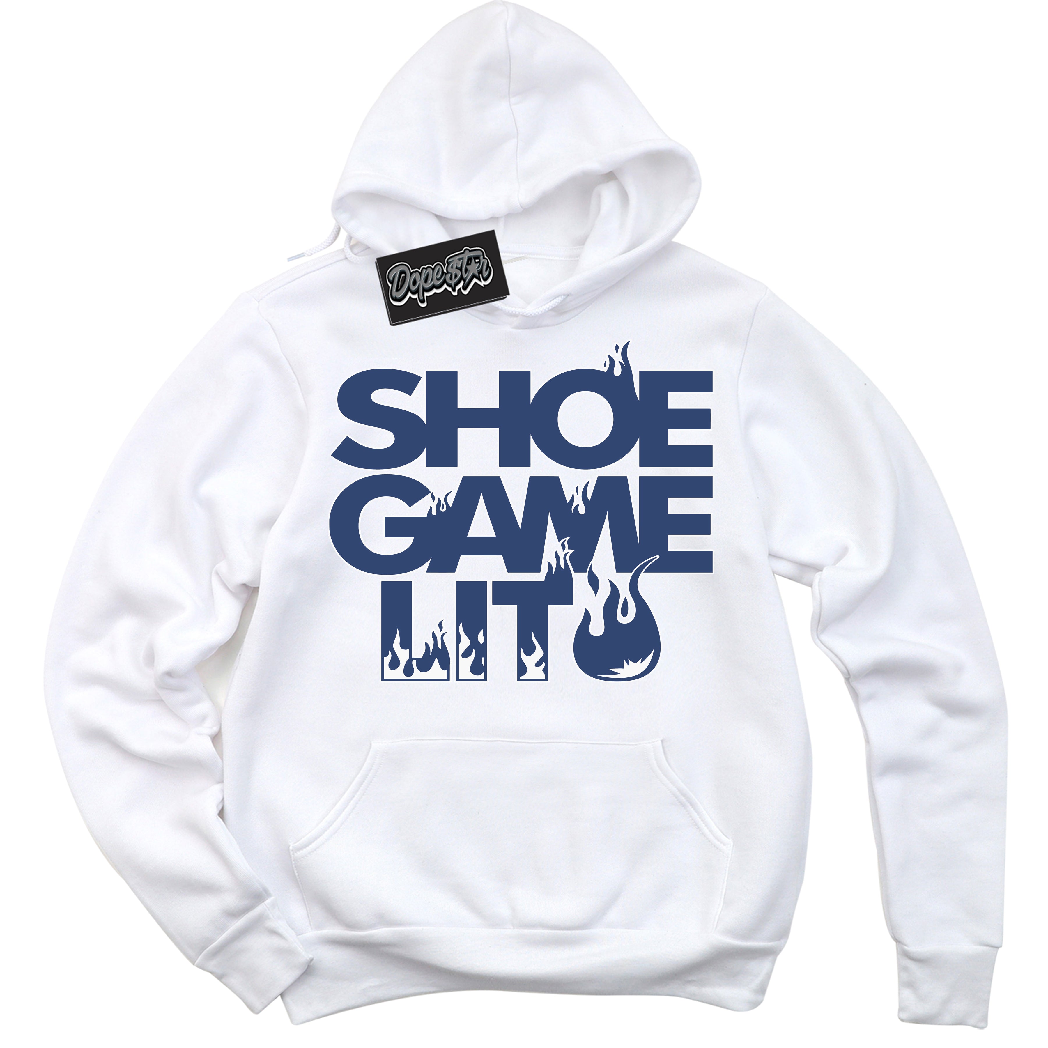 Cool White Hoodie with “ Shoe Game Lit ” design that Perfectly Matches Diffused Blue 11s Jordans.